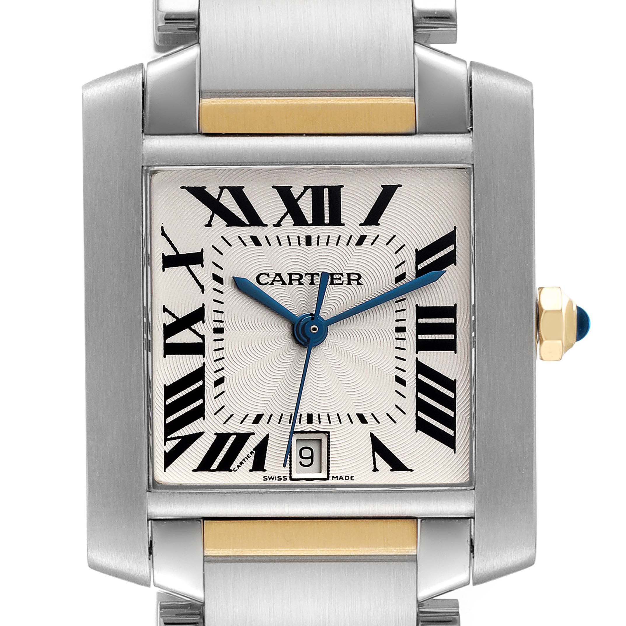 This is a close-up image of a Cartier Tank Francaise W51005Q4 Men's Steel and Gold (two tone) Silver Dial W51005Q4 Men's Steel and Gold (two tone) Silver Dial watch, showing the dial, Roman numerals, hands, date window, and part of the bracelet.