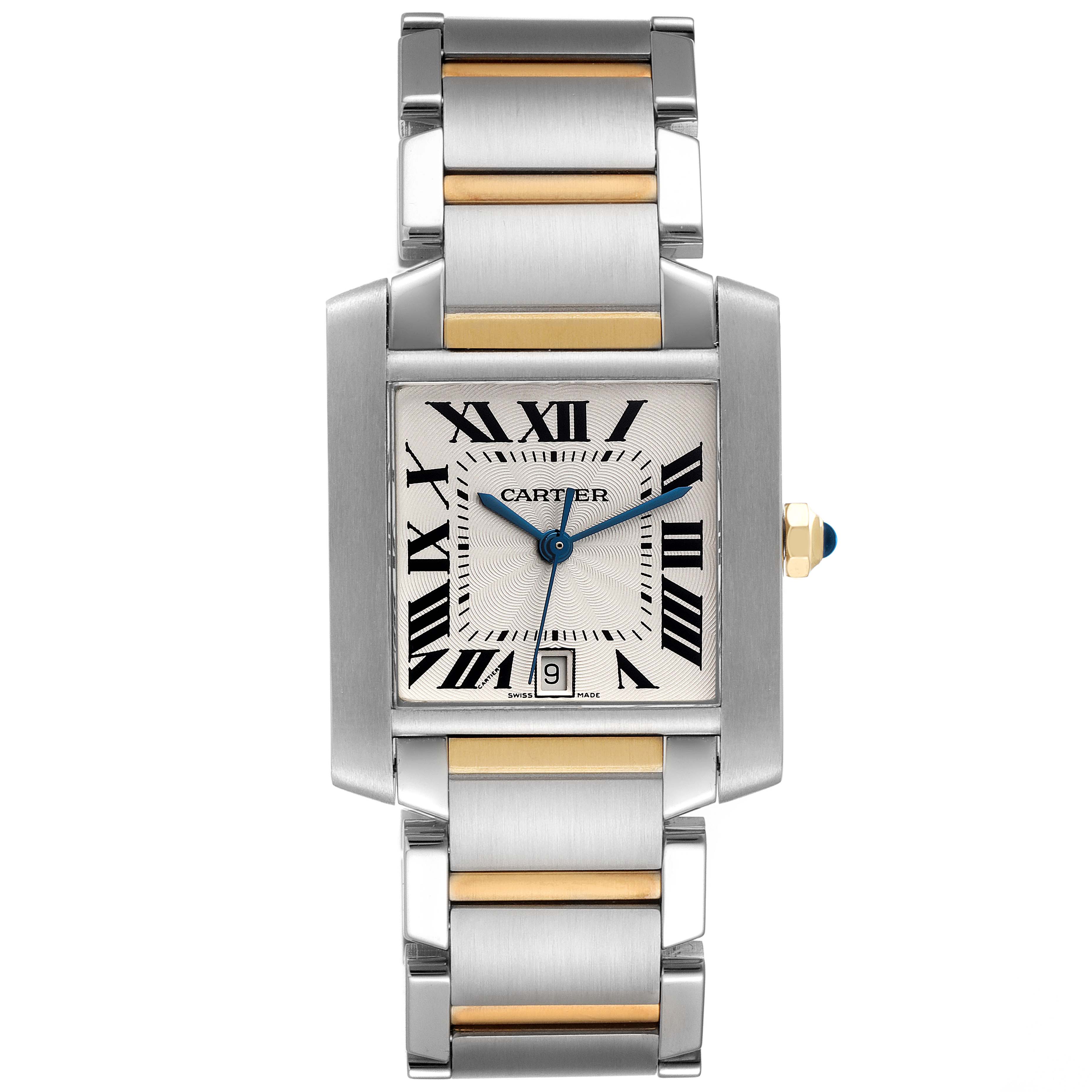 The image shows a front view of a Cartier Tank Française watch, displaying the face, bracelet, and crown.