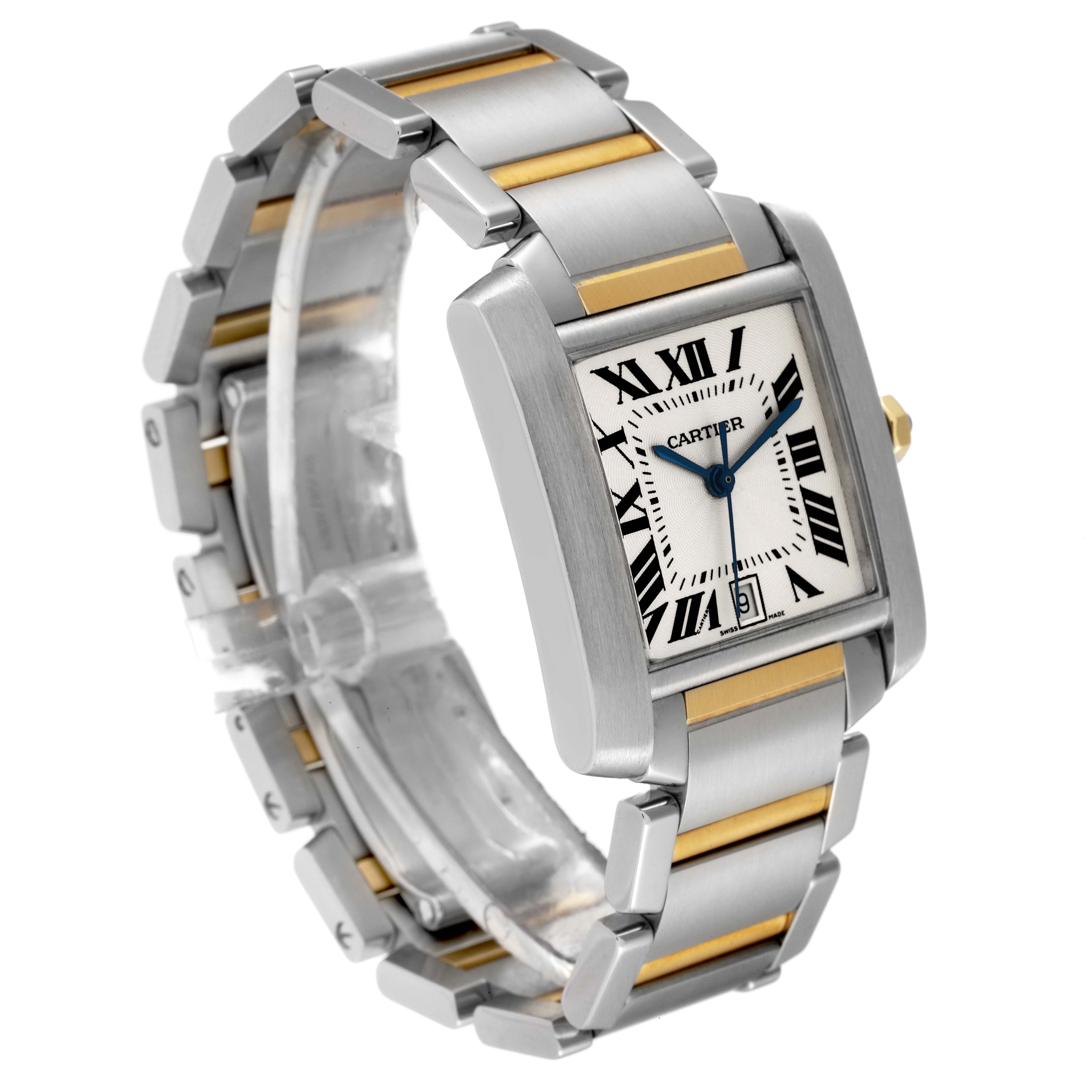 The image shows a Cartier Tank Francaise W51005Q4 Men's Steel and Gold (two tone) Silver Dial W51005Q4 Men's Steel and Gold (two tone) Silver Dial watch at a three-quarter angle, highlighting its rectangular face, Roman numerals, and two-tone metal bracelet.