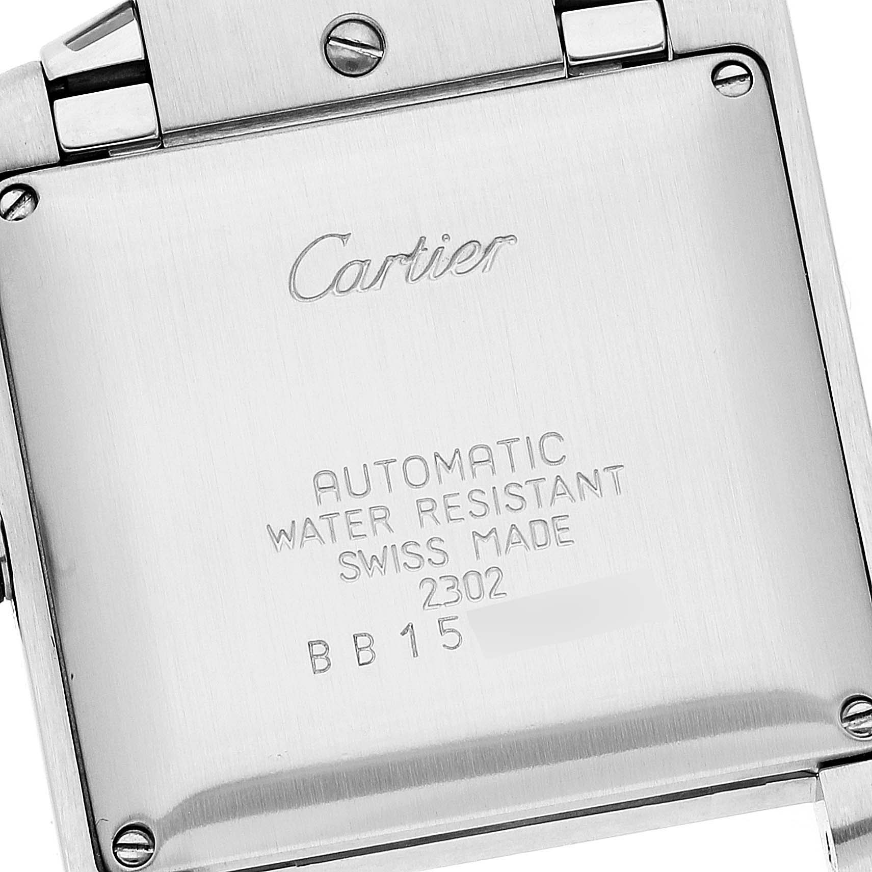 The image shows the back case of a Cartier Tank Francaise W51005Q4 Men's Steel and Gold (two tone) Silver Dial W51005Q4 Men's Steel and Gold (two tone) Silver Dial watch, detailing its automatic movement and water resistance.