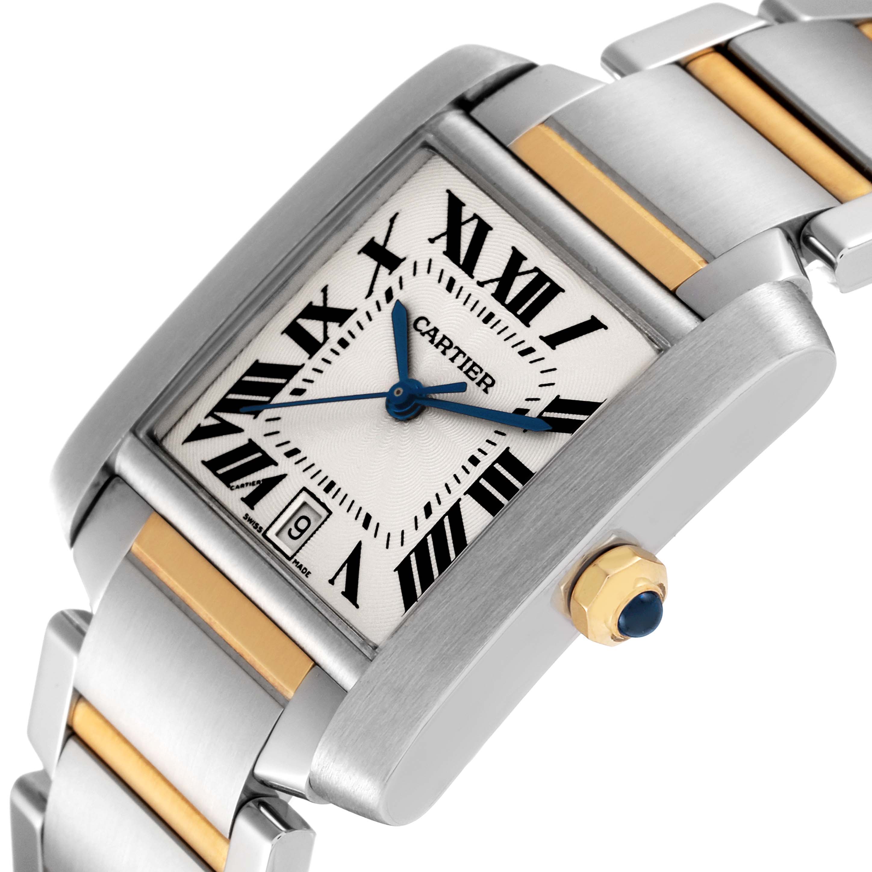 This image shows a close-up, angled view of the Cartier Tank Francaise W51005Q4 Men's Steel and Gold (two tone) Silver Dial W51005Q4 Men's Steel and Gold (two tone) Silver Dial watch, highlighting its dial, bezel, crown, and part of the bracelet.