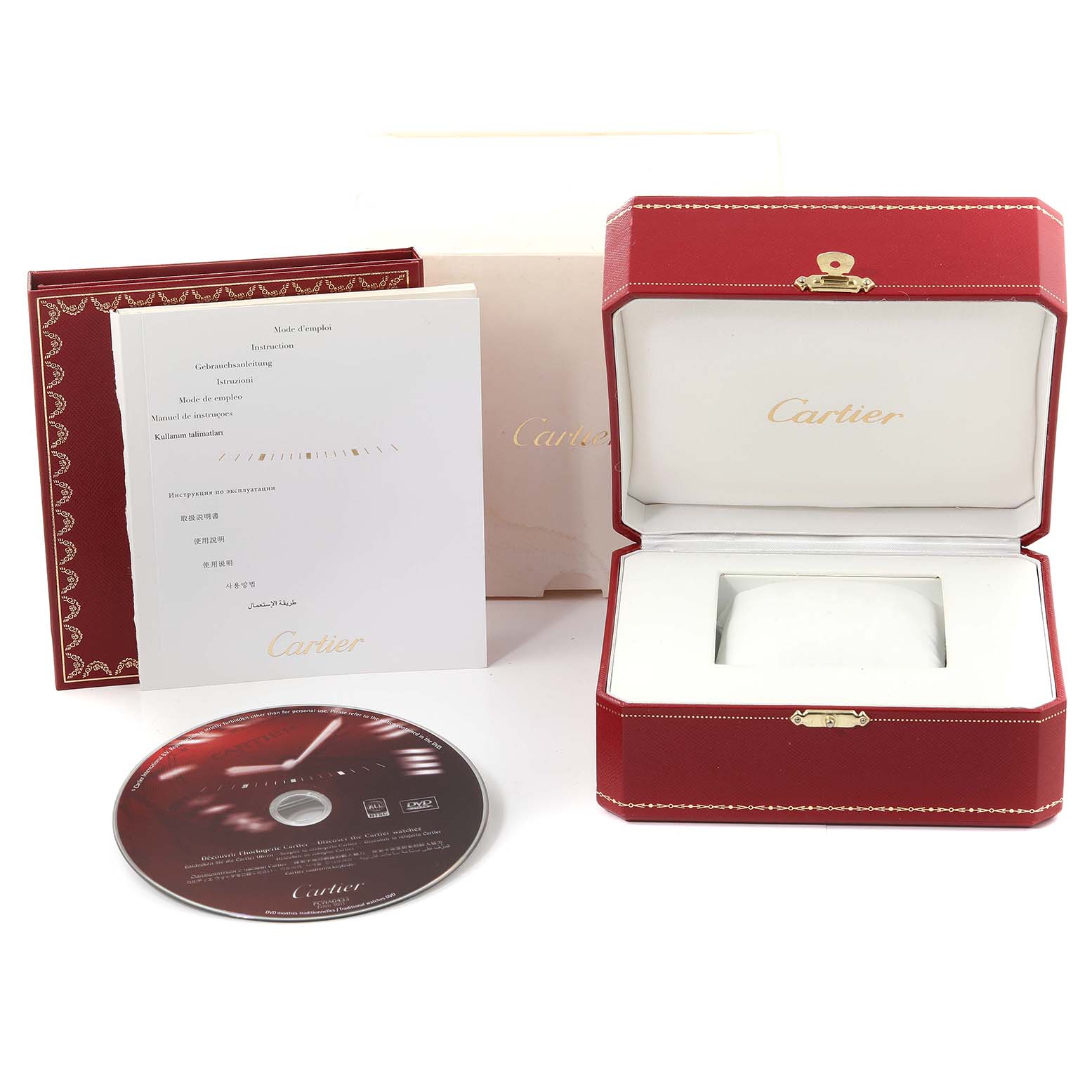 This image shows the packaging and accessories for the Cartier Tank Française, including a red box, manual, and a CD.