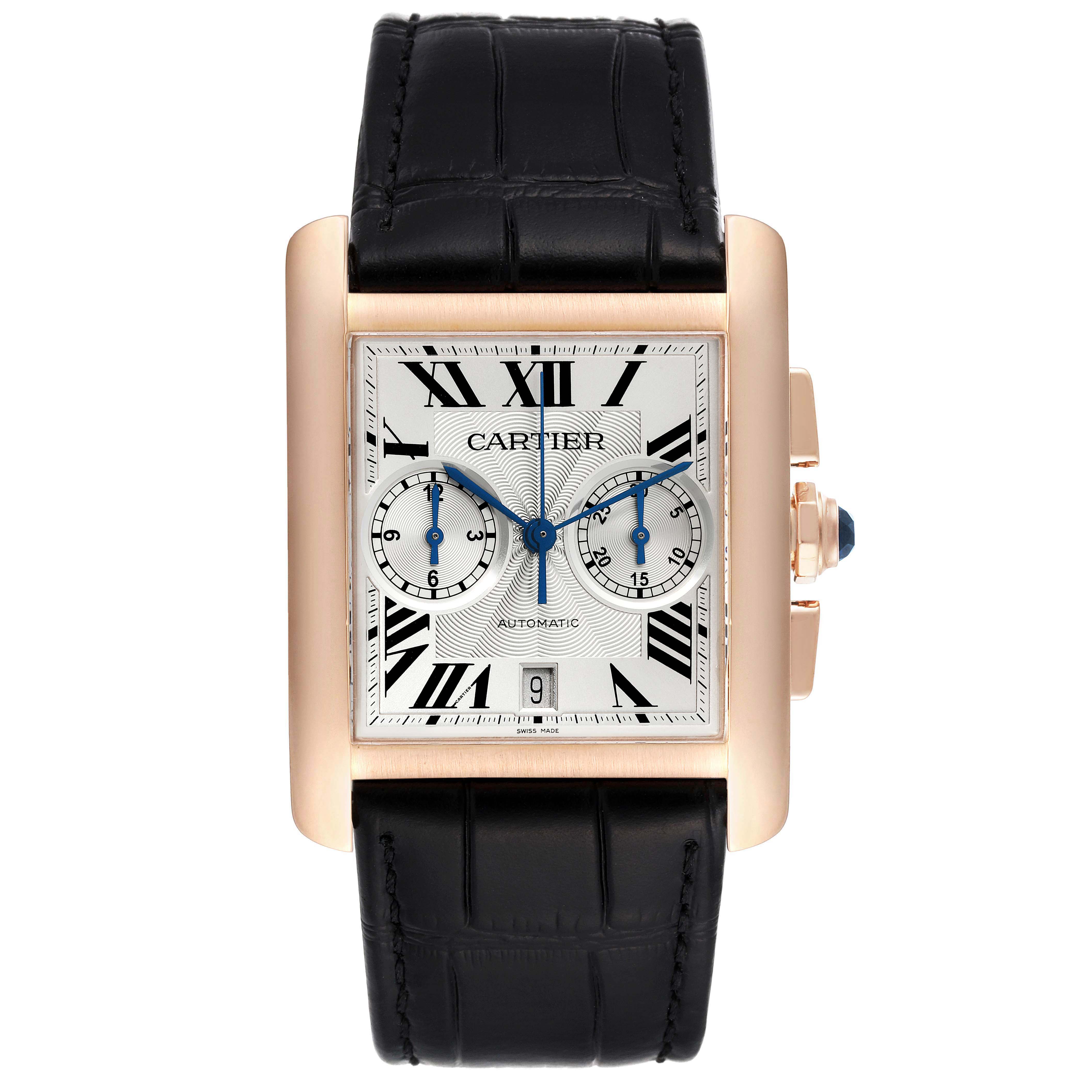 The image shows a front view of the Cartier Tank MC W5330005 Men's Rose Gold Silver Dial W5330005 Men's Rose Gold Silver Dial watch, highlighting the dial, case, crown, and leather strap.