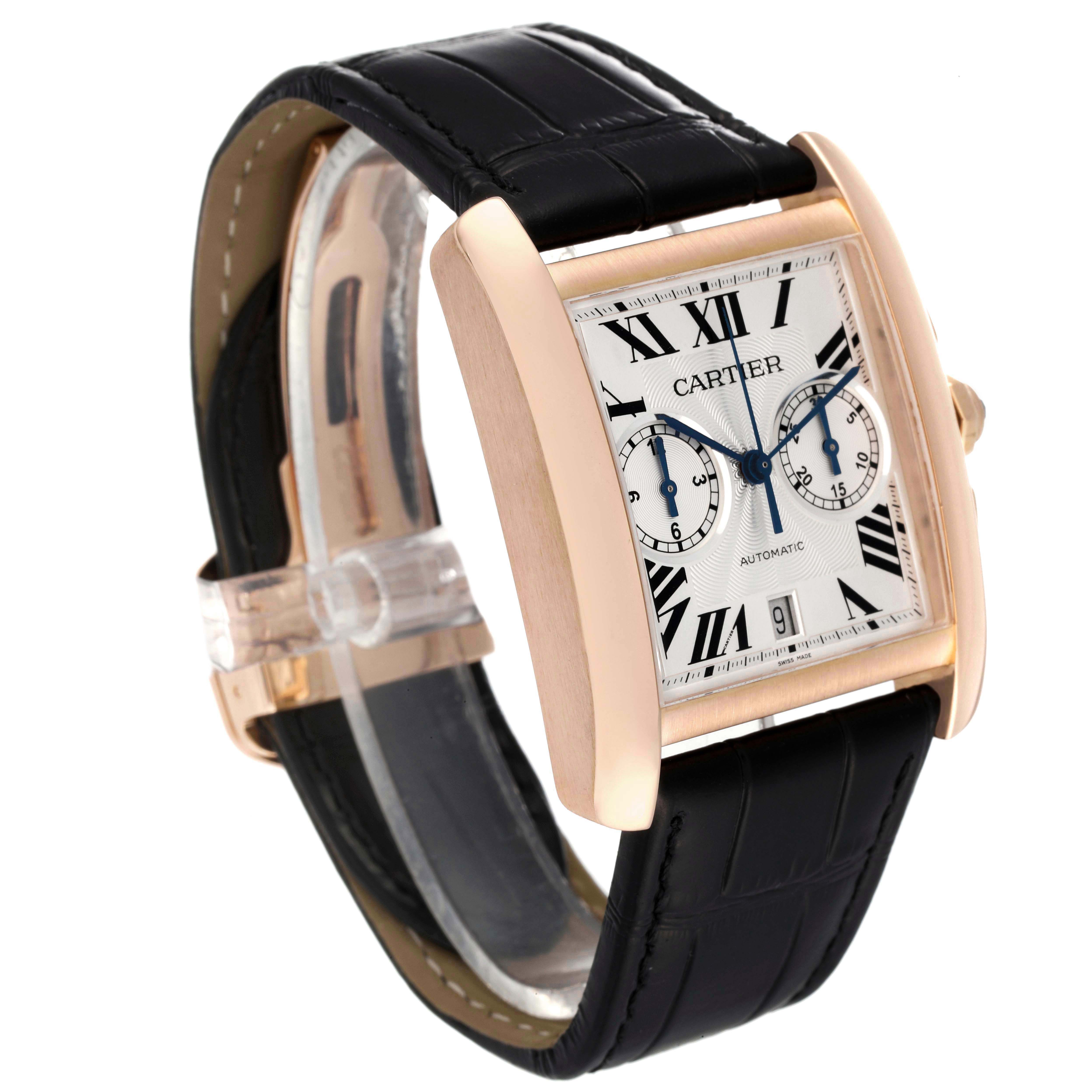 The image shows a Cartier Tank MC W5330005 Men's Rose Gold Silver Dial W5330005 Men's Rose Gold Silver Dial watch angled from the front-left, highlighting its dial, case, and black leather strap.