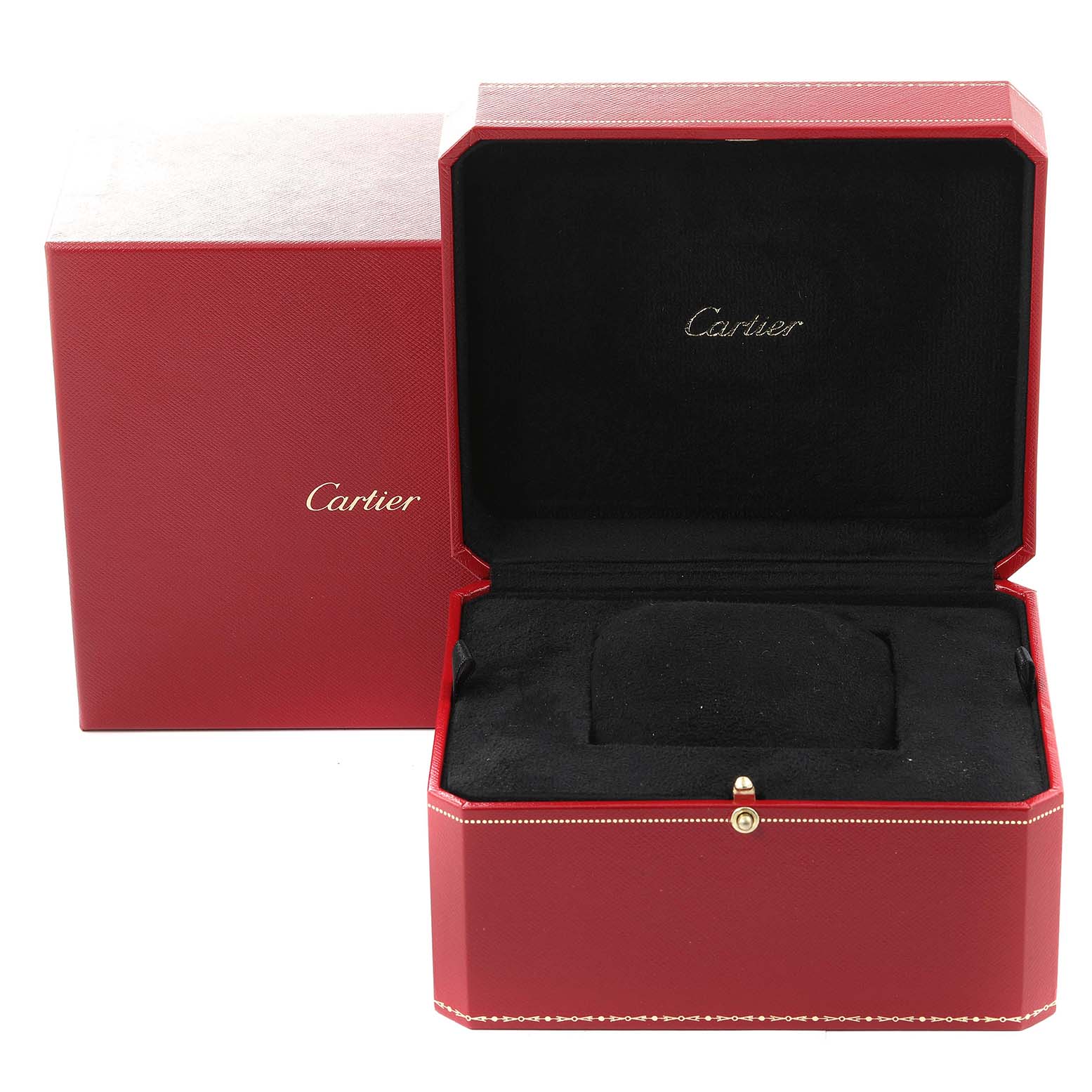 This image shows an open Cartier Tank MC W5330005 Men's Rose Gold Silver Dial W5330005 Men's Rose Gold Silver Dial watch box and its outer red packaging.