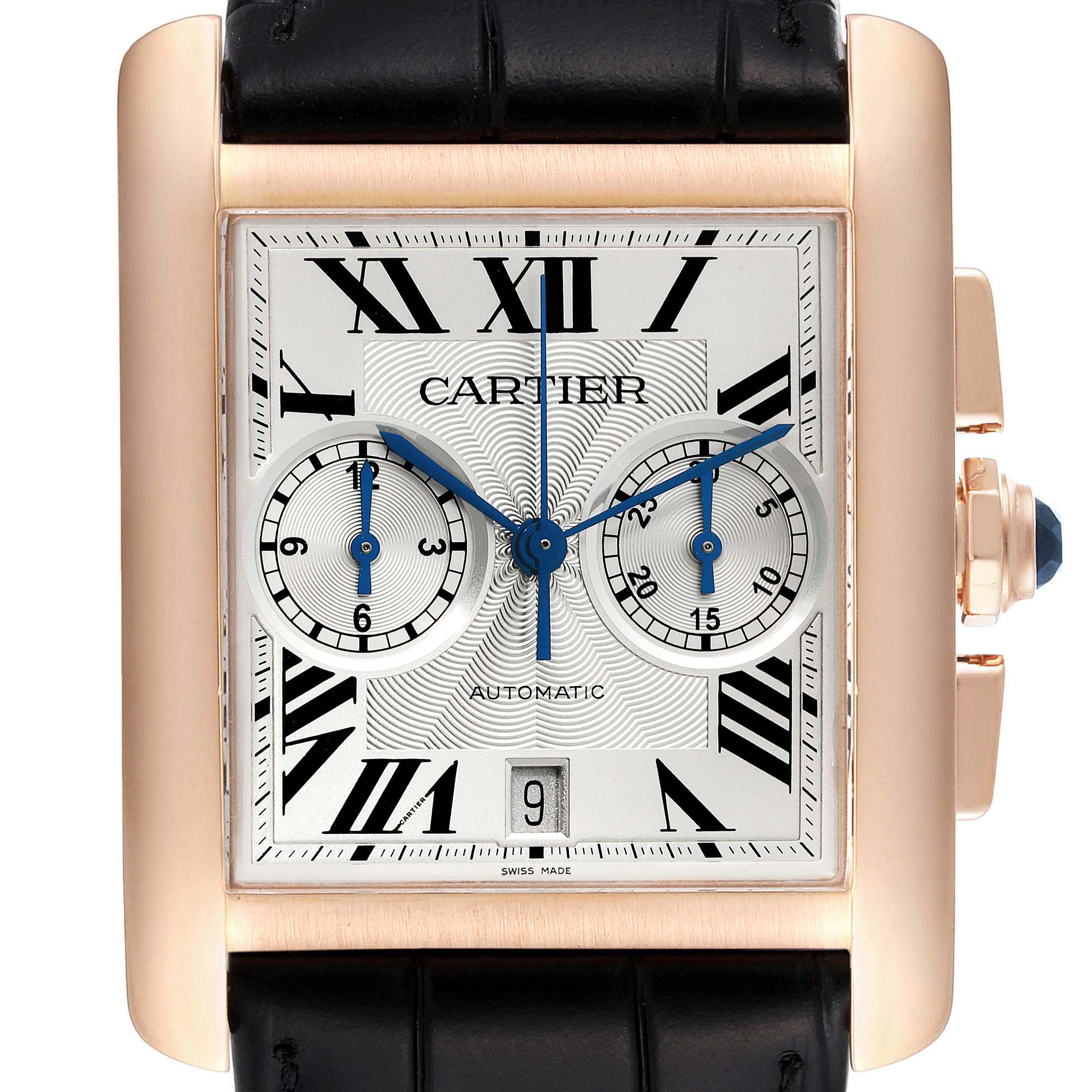 The image shows a Cartier Tank MC W5330005 Men's Rose Gold Silver Dial W5330005 Men's Rose Gold Silver Dial watch from a frontal angle, displaying its face, dial, crown, and leather strap.