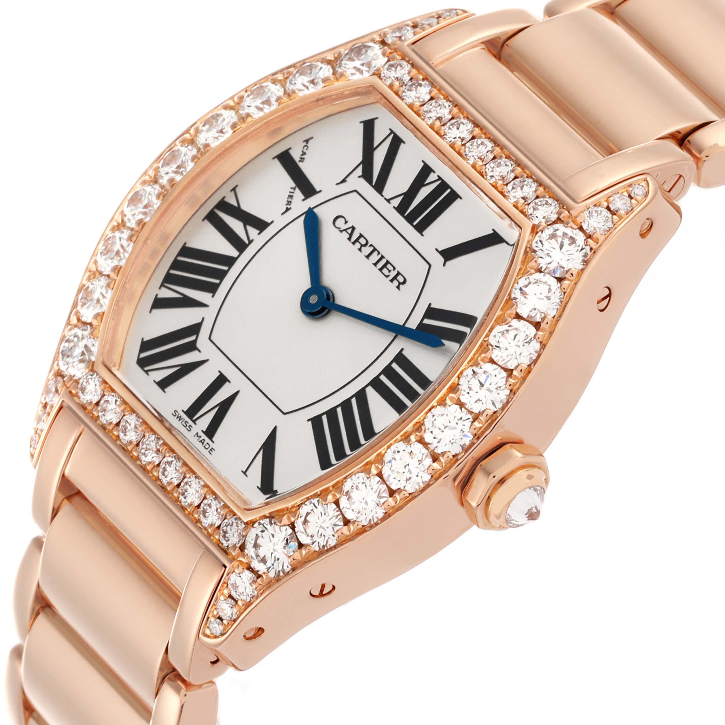 The Cartier Tortue 66195 Women's Rose Gold Silver Dial 66195 Women's Rose Gold Silver Dial watch is shown at an angle highlighting its diamond-studded bezel and bracelet.