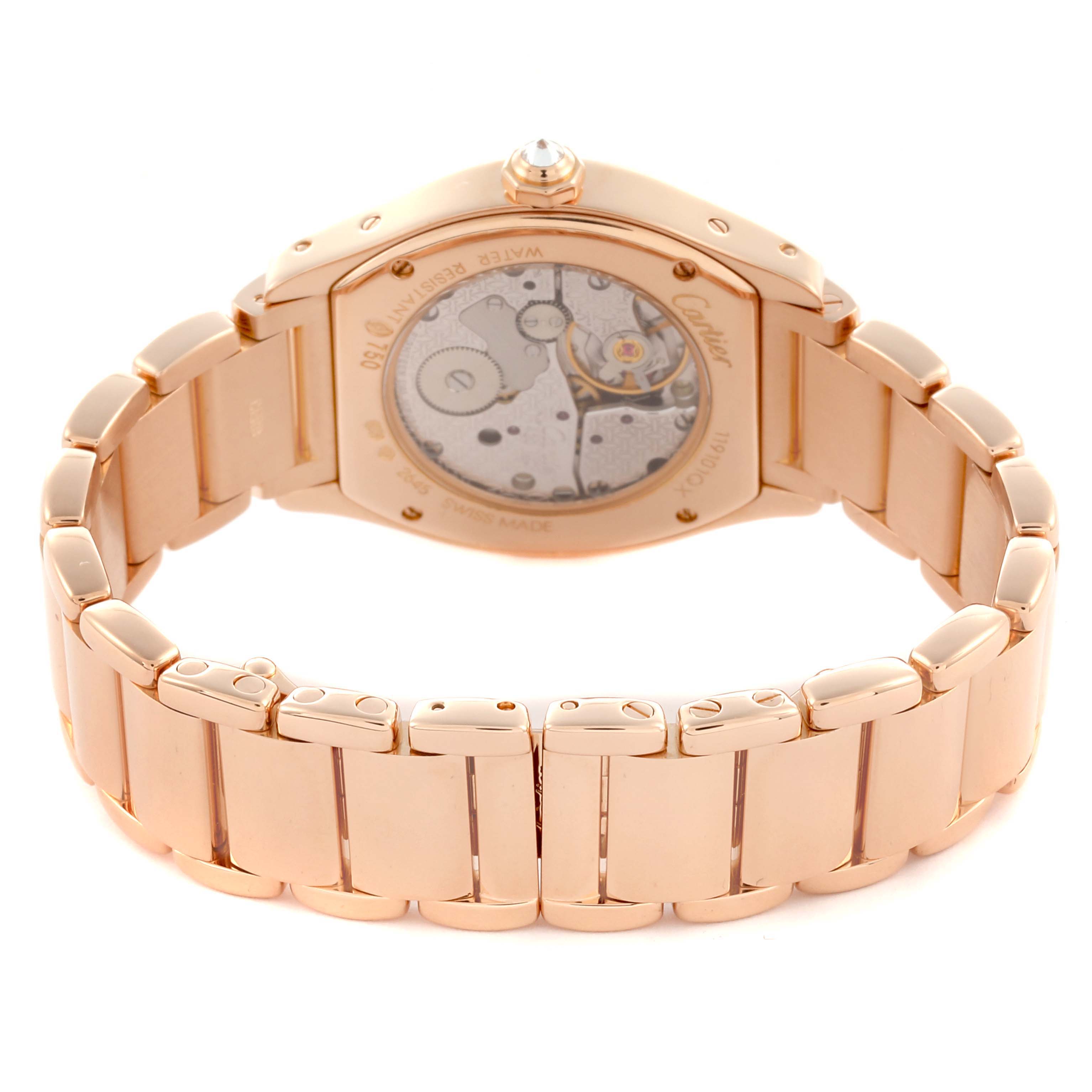 The Cartier Tortue 66195 Women's Rose Gold Silver Dial 66195 Women's Rose Gold Silver Dial watch is shown from the back, highlighting its bracelet and exposed movement.