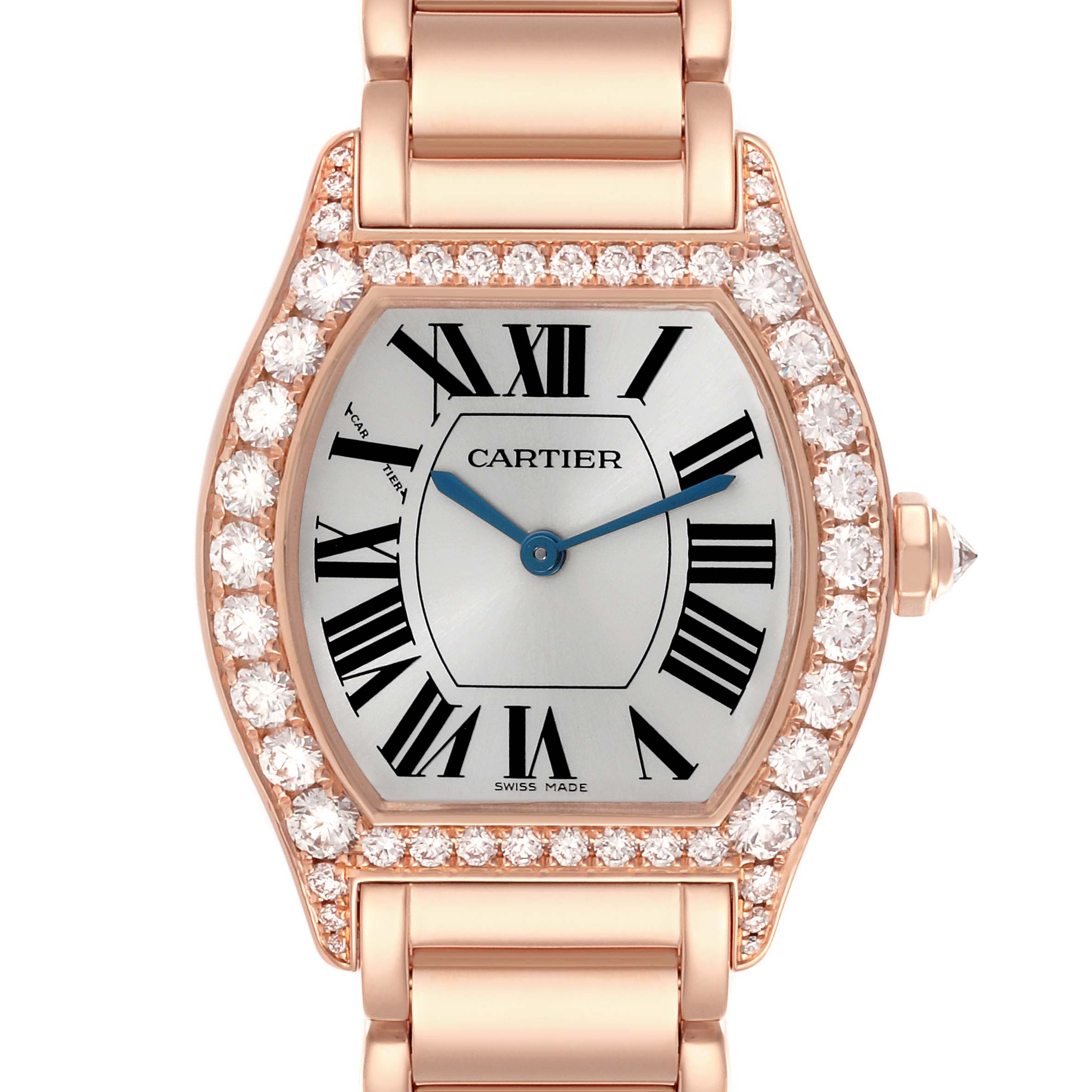 The Cartier Tortue 66195 Women's Rose Gold Silver Dial 66195 Women's Rose Gold Silver Dial watch is shown from a front angle, highlighting its diamond bezel and Roman numeral dial.