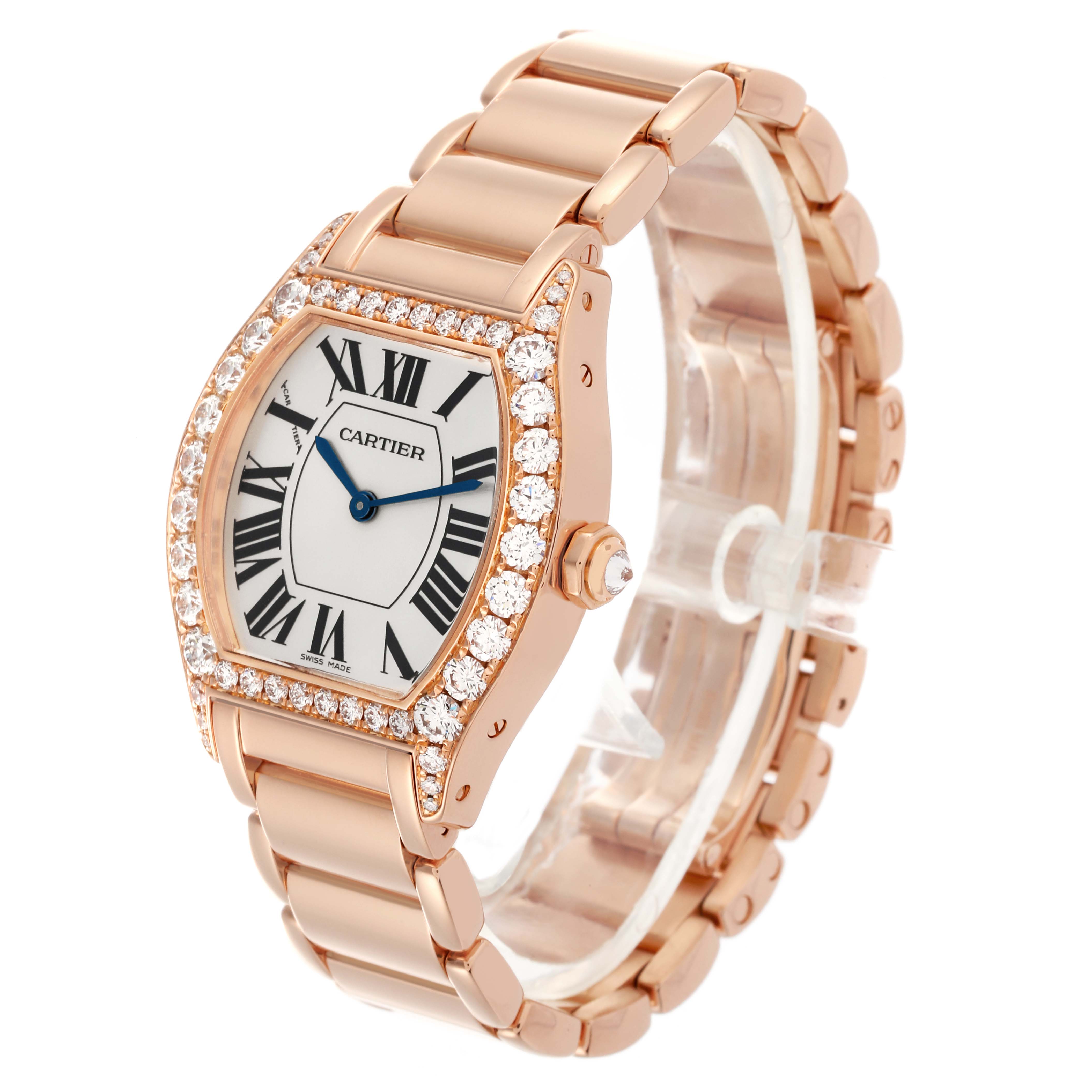 The Cartier Tortue 66195 Women's Rose Gold Silver Dial 66195 Women's Rose Gold Silver Dial watch is shown at a three-quarter angle, highlighting its diamond bezel and linked bracelet.