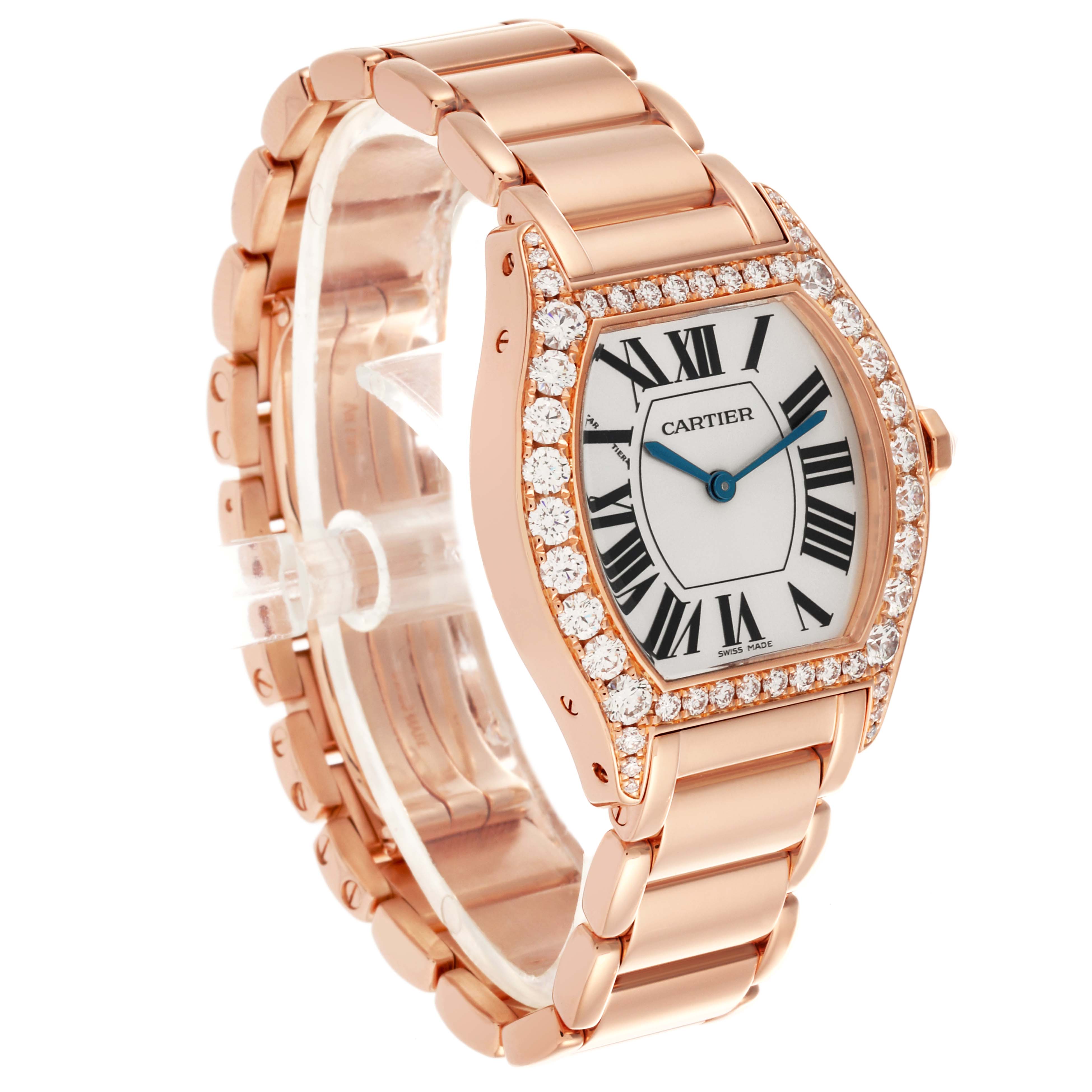 The Cartier Tortue 66195 Women's Rose Gold Silver Dial 66195 Women's Rose Gold Silver Dial watch is shown at a slight angle, displaying the face, bezel, bracelet, and part of the side.