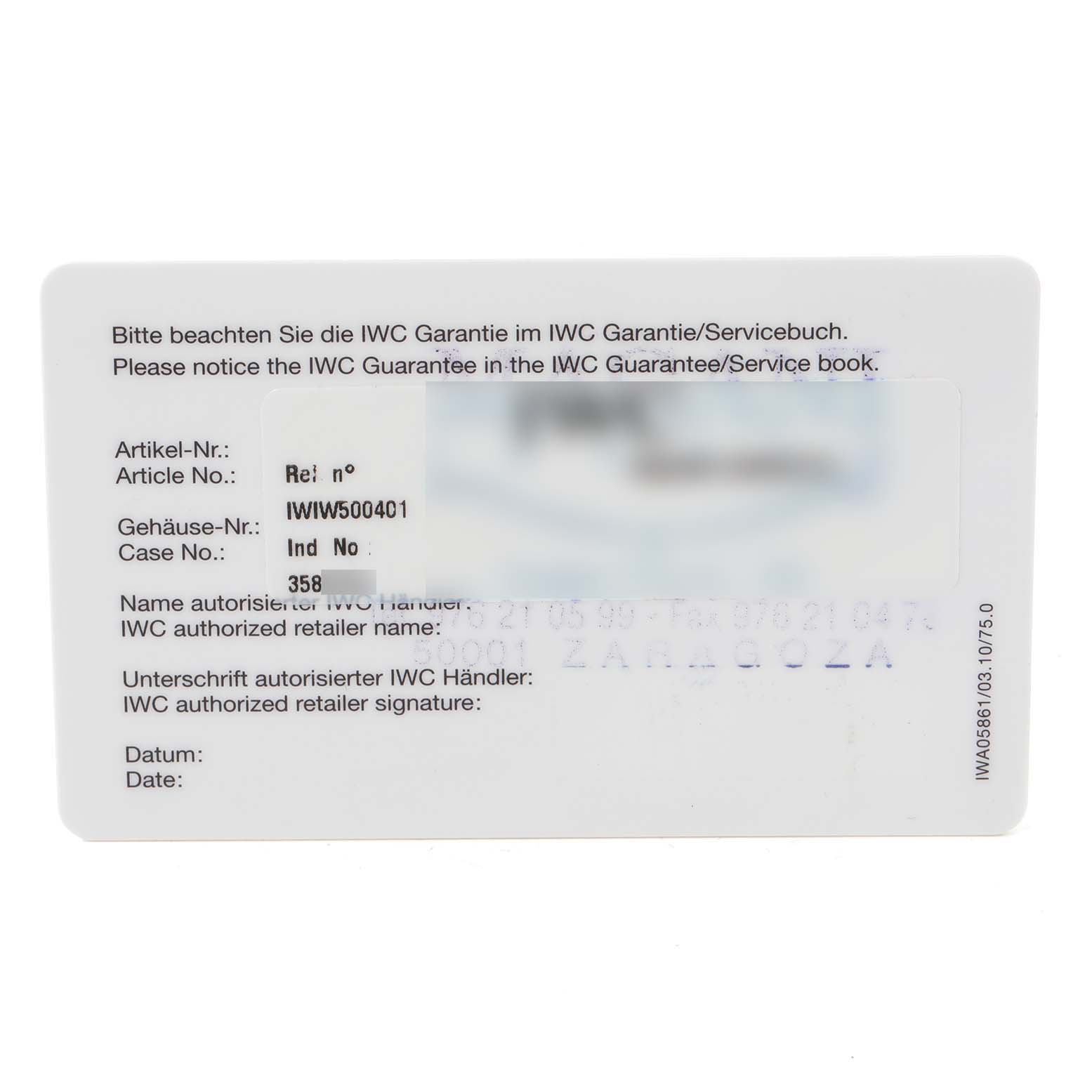 This is a warranty card for the IWC Pilot IW500401 Men's Stainless Steel Black Dial IW500401 Men's Stainless Steel Black Dial model watch, showing product and retailer information.