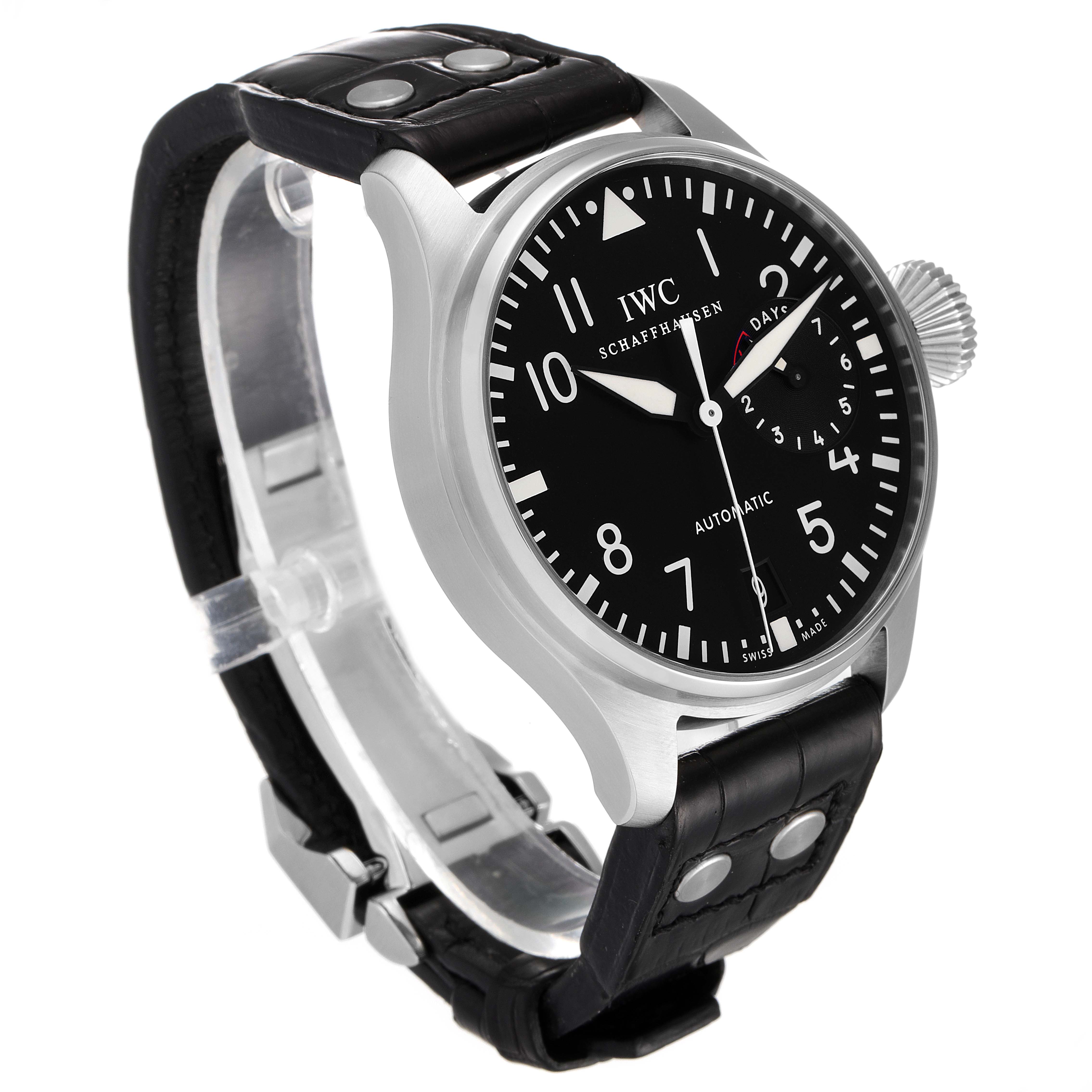 The image shows a side view of the IWC Pilot IW500401 Men's Stainless Steel Black Dial IW500401 Men's Stainless Steel Black Dial model watch, highlighting the black dial, steel case, and leather strap.