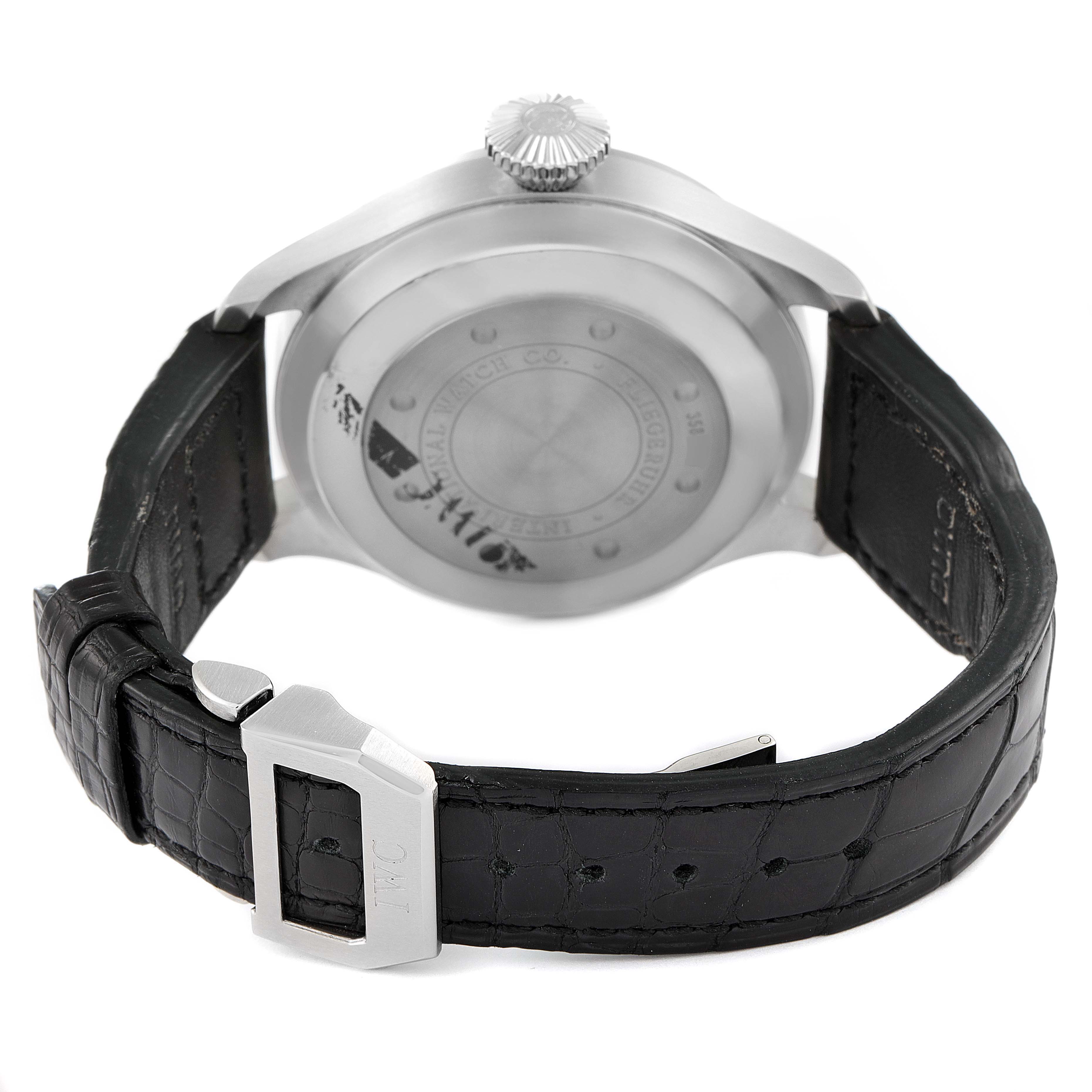 This image shows the back case, crown, and leather strap of an IWC Pilot IW500401 Men's Stainless Steel Black Dial IW500401 Men's Stainless Steel Black Dial model watch.