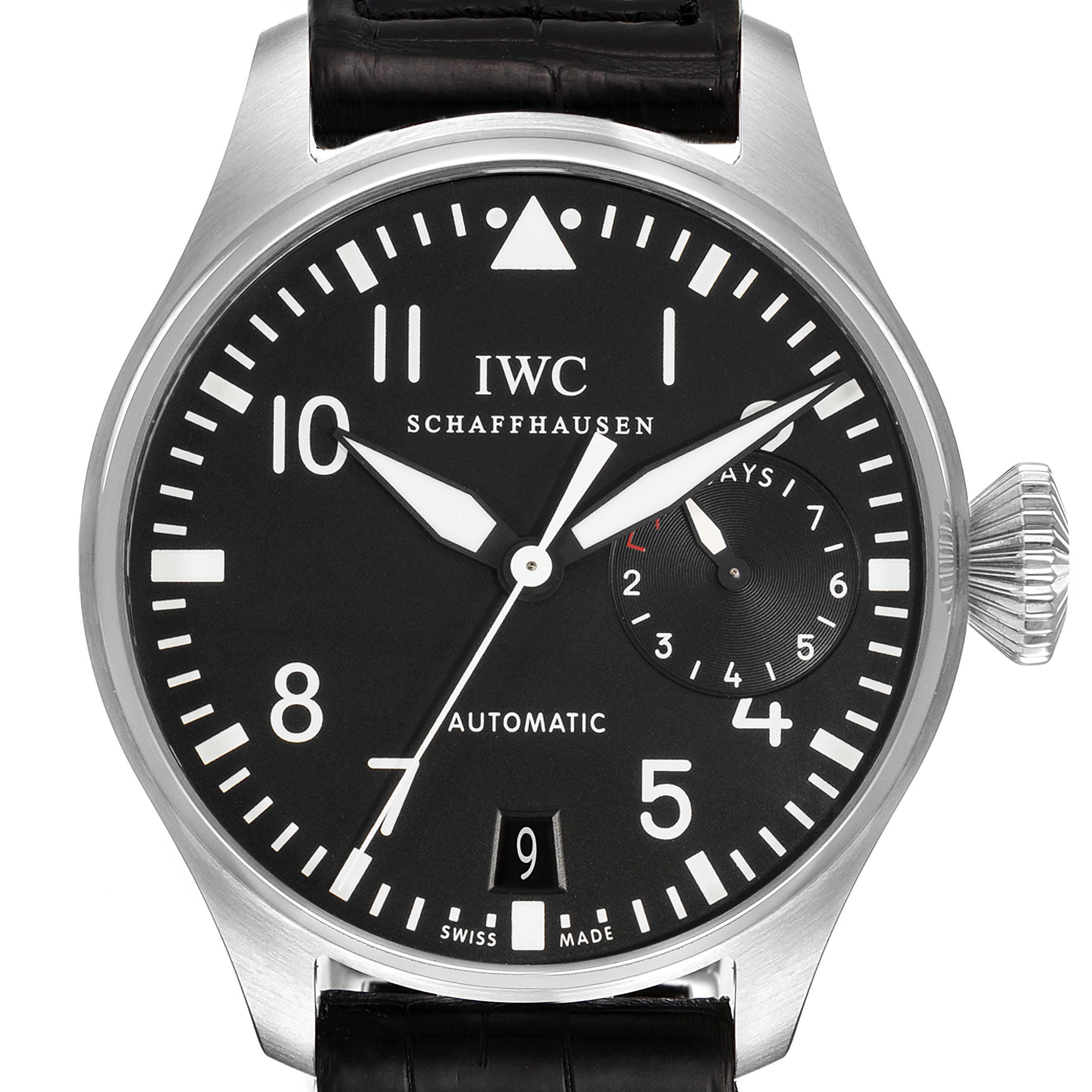 The image shows a front view of the IWC Pilot IW500401 Men's Stainless Steel Black Dial IW500401 Men's Stainless Steel Black Dial model watch, highlighting the dial, hands, crown, and power reserve indicator.