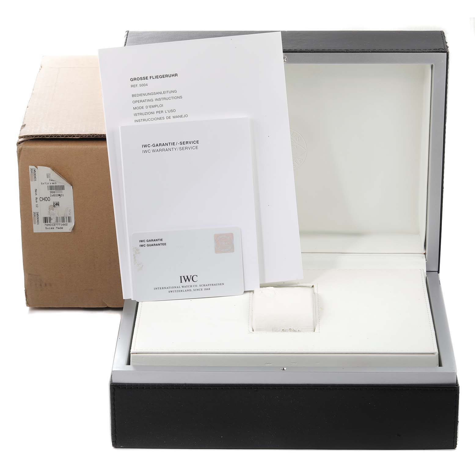 The image shows the packaging and documents for an IWC Pilot IW500401 Men's Stainless Steel Black Dial IW500401 Men's Stainless Steel Black Dial model, including an empty watch box and manuals.