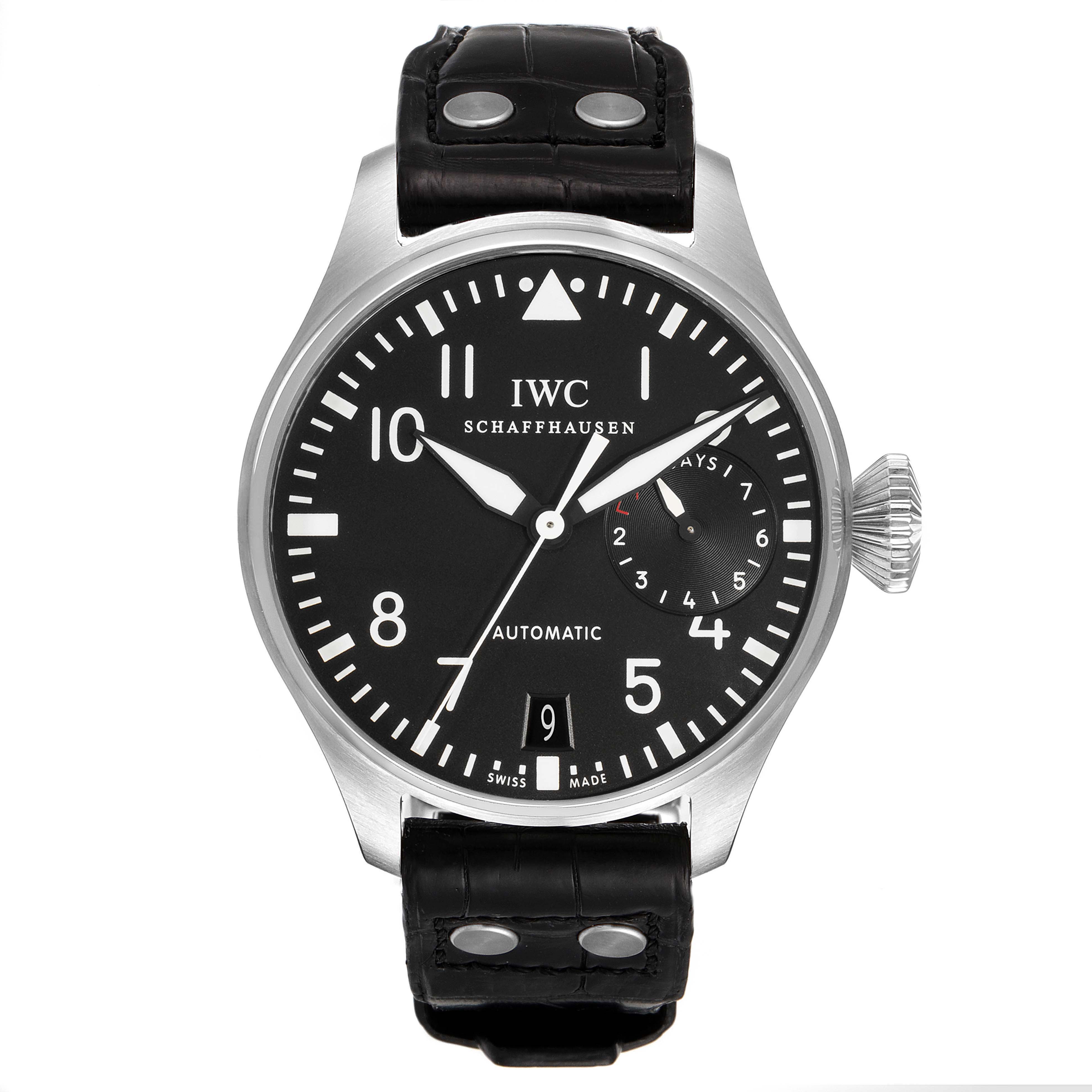 This image shows a front view of the IWC Pilot IW500401 Men's Stainless Steel Black Dial IW500401 Men's Stainless Steel Black Dial model watch, displaying its face, strap, and crown.