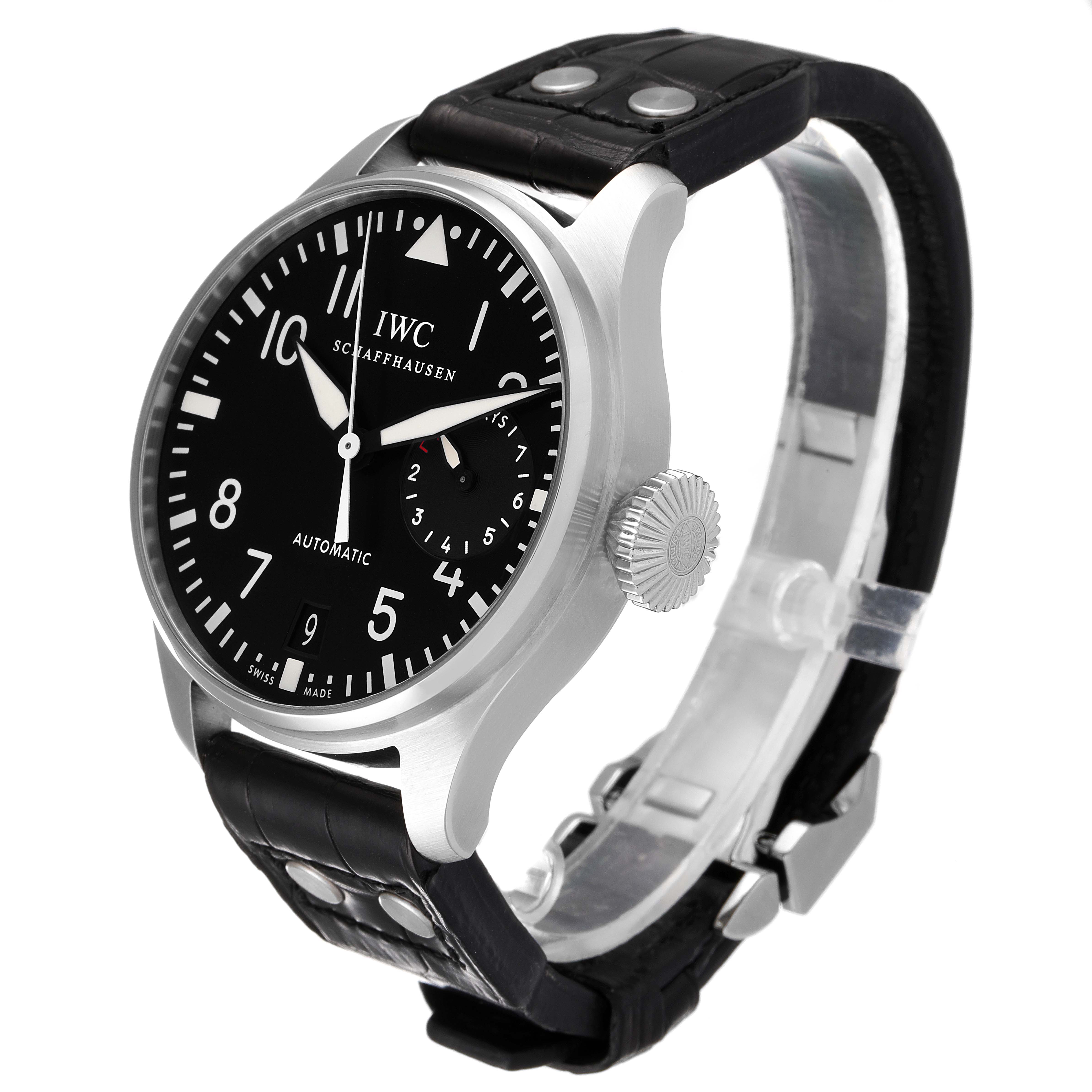 This IWC Pilot IW500401 Men's Stainless Steel Black Dial IW500401 Men's Stainless Steel Black Dial watch is shown at a slight angle, displaying its black dial, crown, and leather strap.