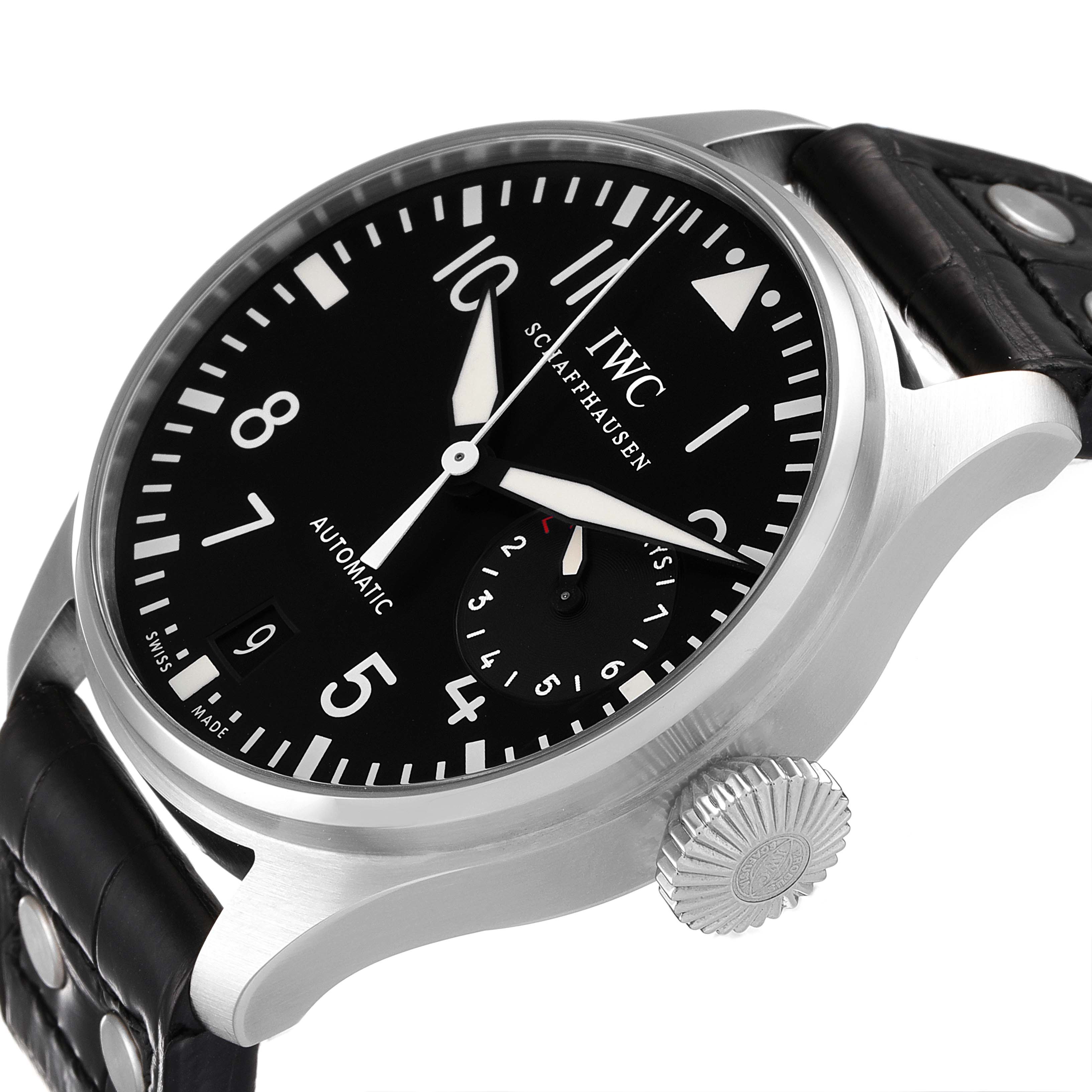 The image shows a close-up side angle of an IWC Pilot IW500401 Men's Stainless Steel Black Dial IW500401 Men's Stainless Steel Black Dial watch, highlighting the crown, dial, and part of the strap.