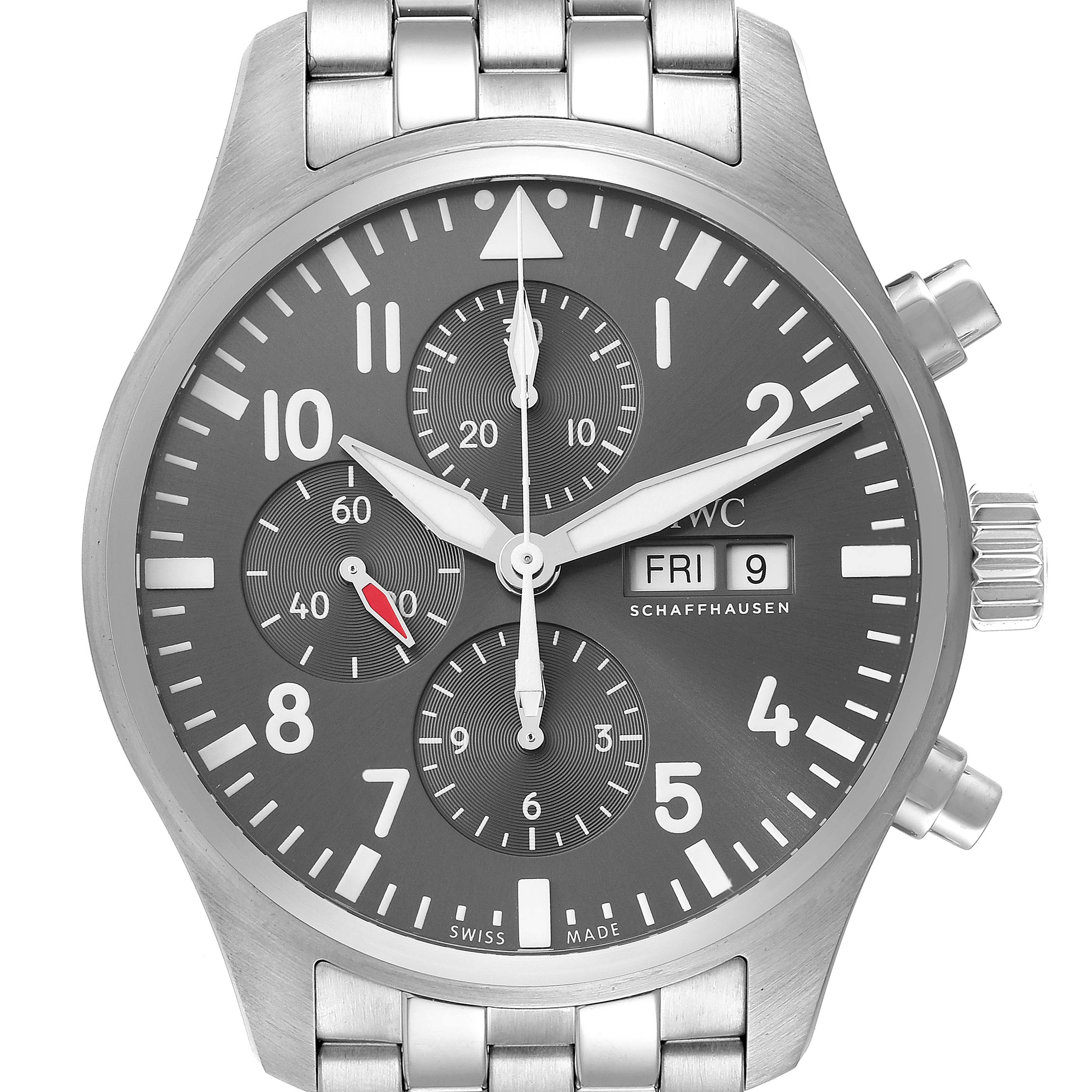 This image shows a front close-up view of an IWC Pilot IW377719 Men's Stainless Steel Grey Dial IW377719 Men's Stainless Steel Grey Dial model watch, displaying the dial, hands, crown, and pushers.