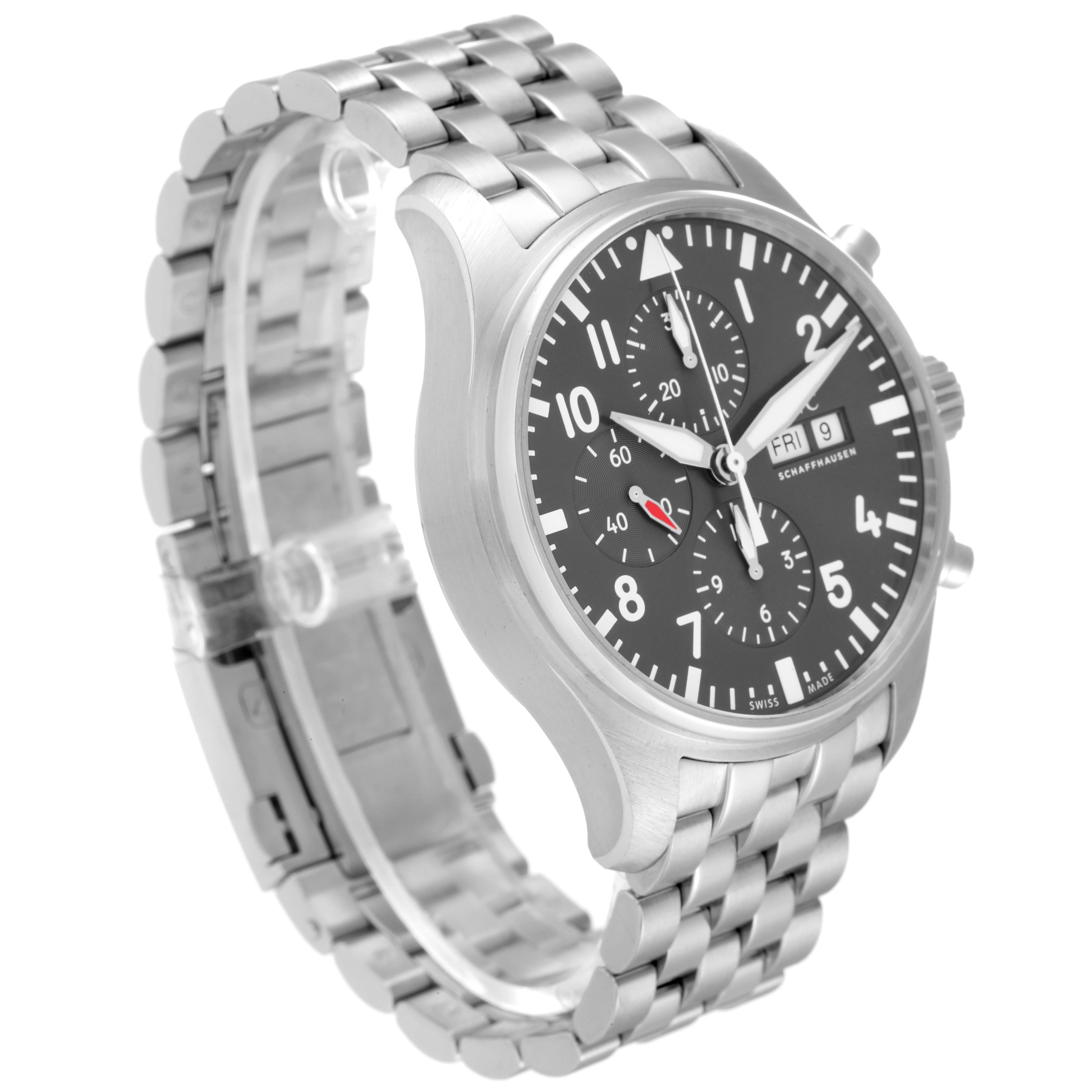 The IWC Pilot IW377719 Men's Stainless Steel Grey Dial IW377719 Men's Stainless Steel Grey Dial model watch is shown at an angle highlighting the dial, crown, and stainless steel bracelet.
