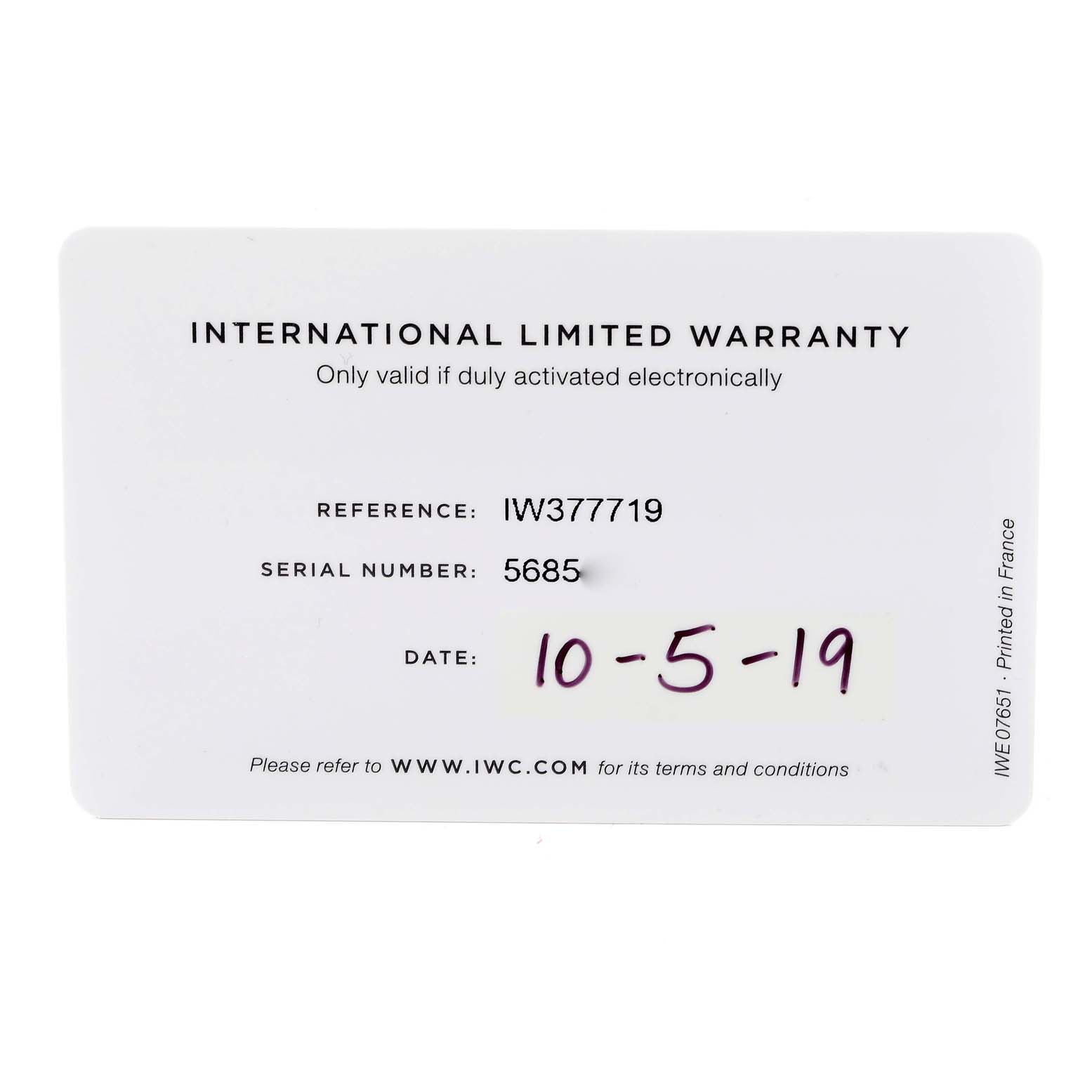 The image shows the International Limited Warranty card for an IWC Pilot IW377719 Men's Stainless Steel Grey Dial IW377719 Men's Stainless Steel Grey Dial model watch, with the reference number IW377719 and the date 10-5-19.