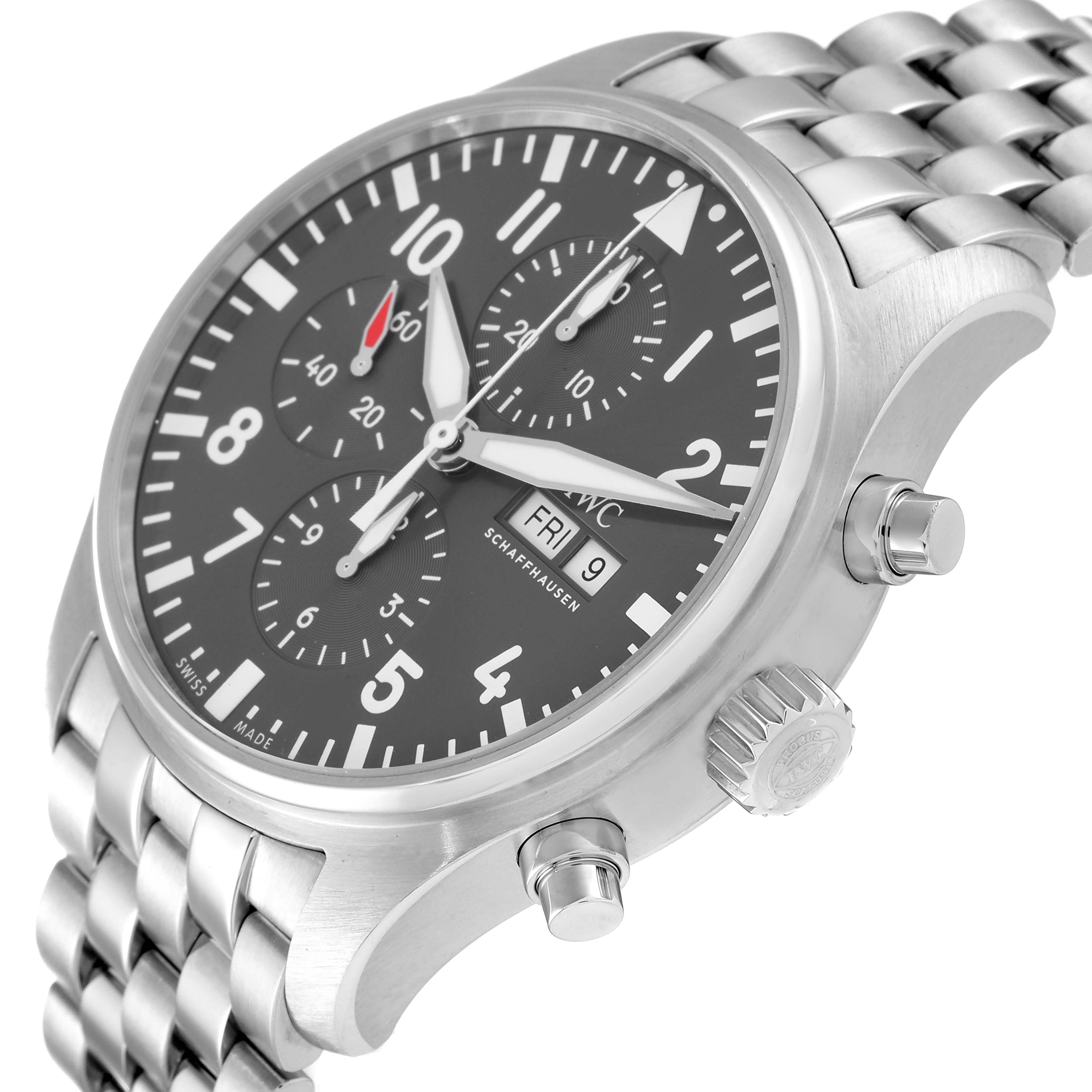 The image shows an angled view of an IWC Pilot IW377719 Men's Stainless Steel Grey Dial IW377719 Men's Stainless Steel Grey Dial model watch, focusing on the dial, crown, pushers, and part of the bracelet.