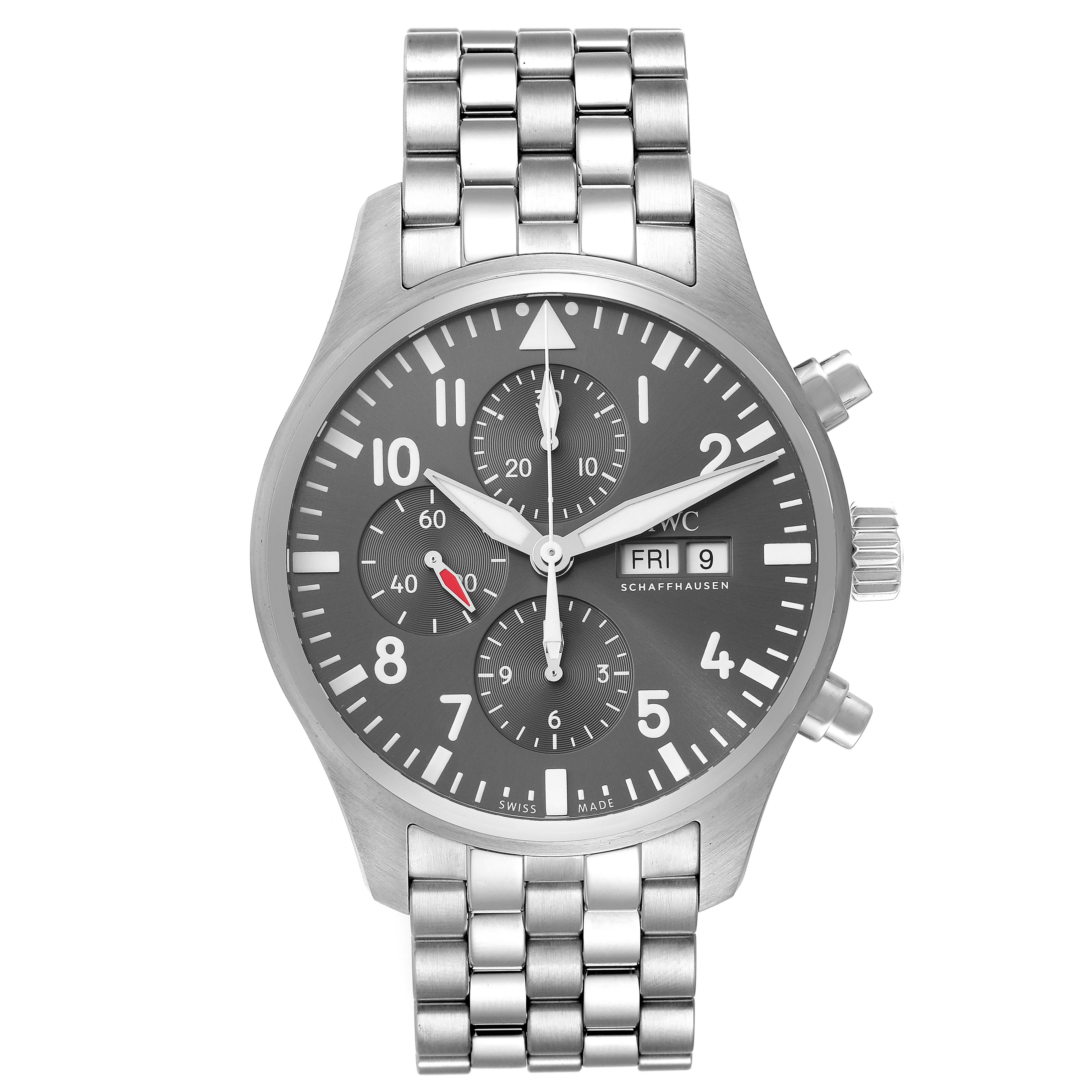 The image shows a front view of the IWC Pilot IW377719 Men's Stainless Steel Grey Dial IW377719 Men's Stainless Steel Grey Dial watch, displaying its dial, bracelet, crown, and chronograph pushers.
