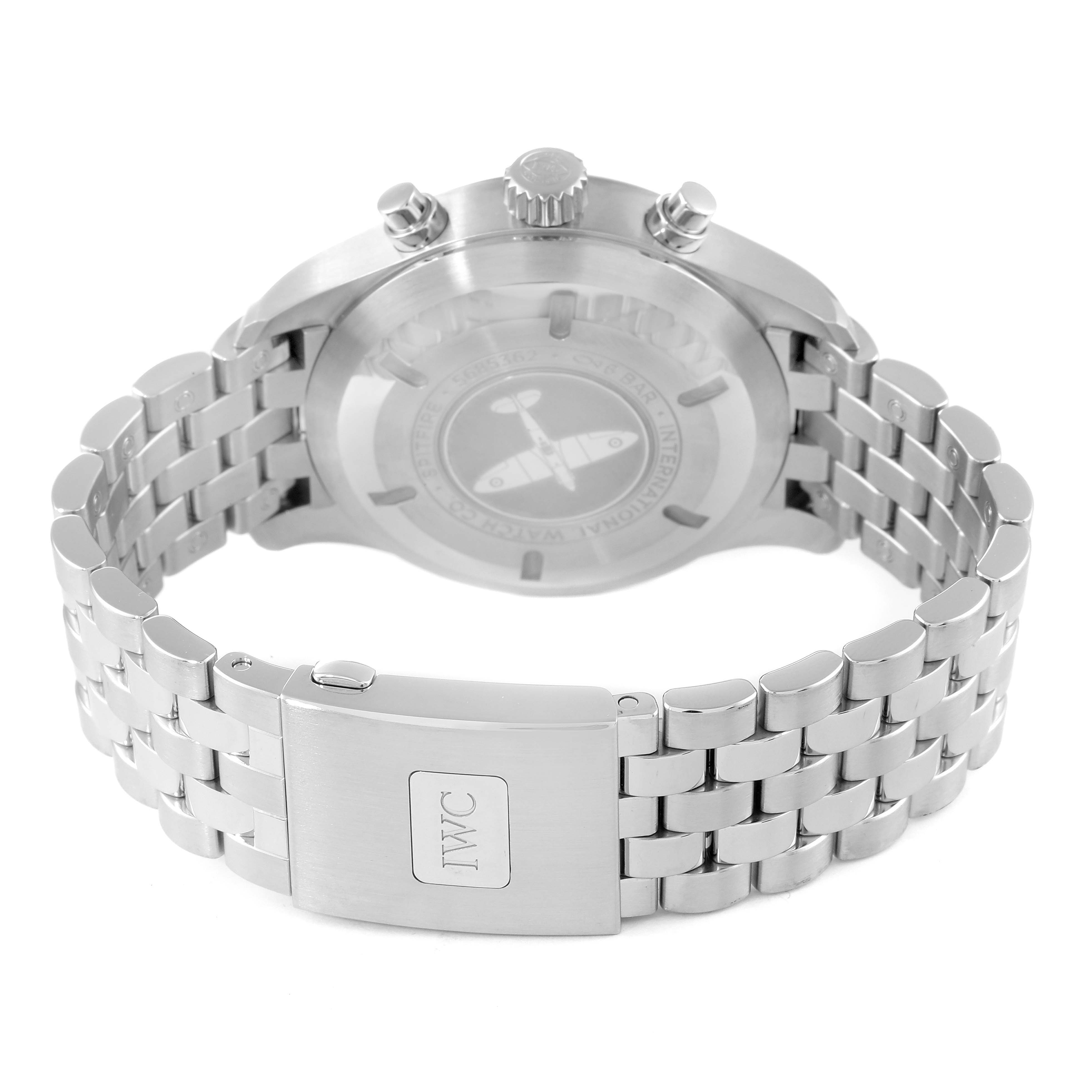 The image shows the back view of an IWC Pilot IW377719 Men's Stainless Steel Grey Dial IW377719 Men's Stainless Steel Grey Dial model watch, highlighting its metal bracelet and clasp with the IWC logo.