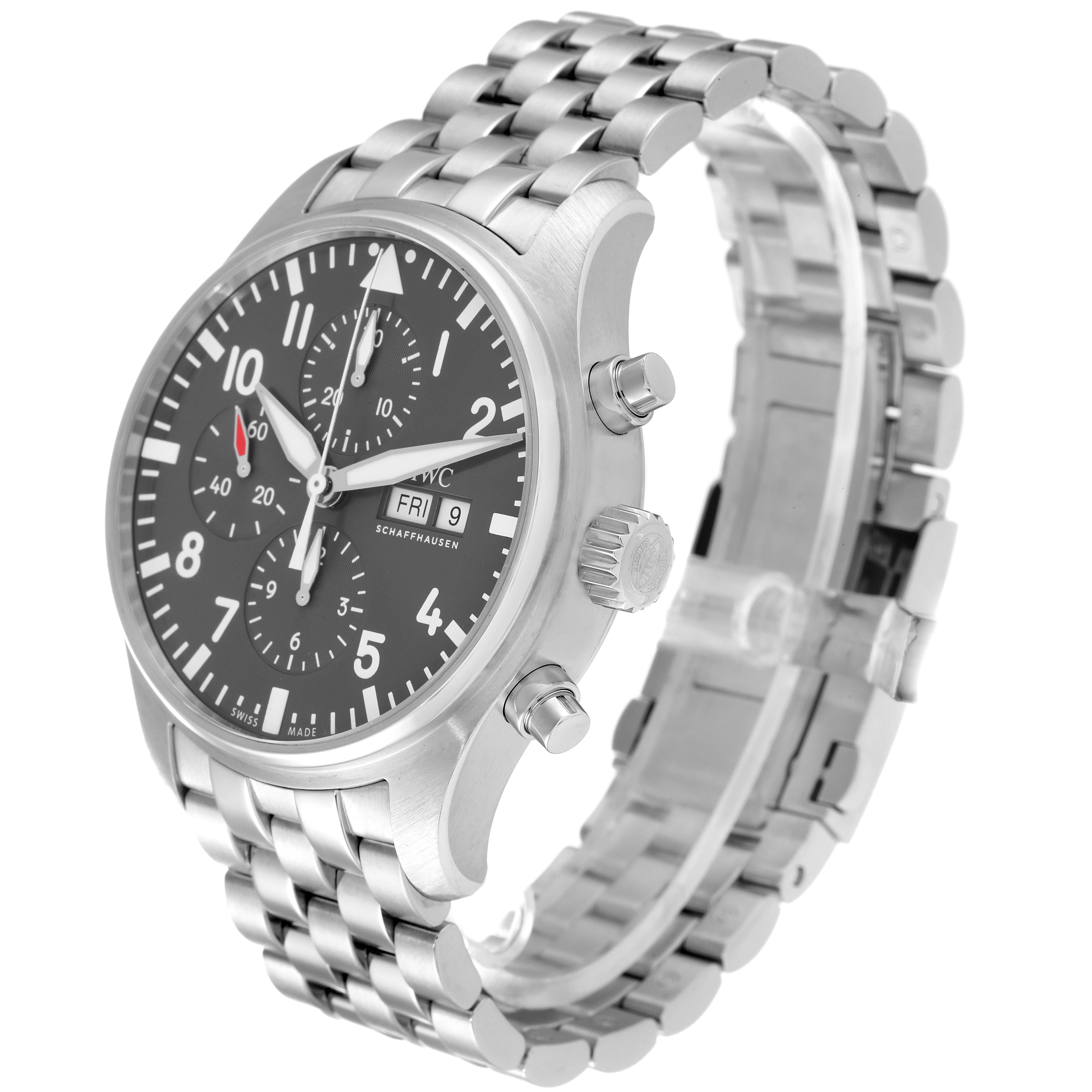 This is a side angle view of an IWC Pilot IW377719 Men's Stainless Steel Grey Dial IW377719 Men's Stainless Steel Grey Dial watch showing the face, crown, pushers, and metal bracelet.