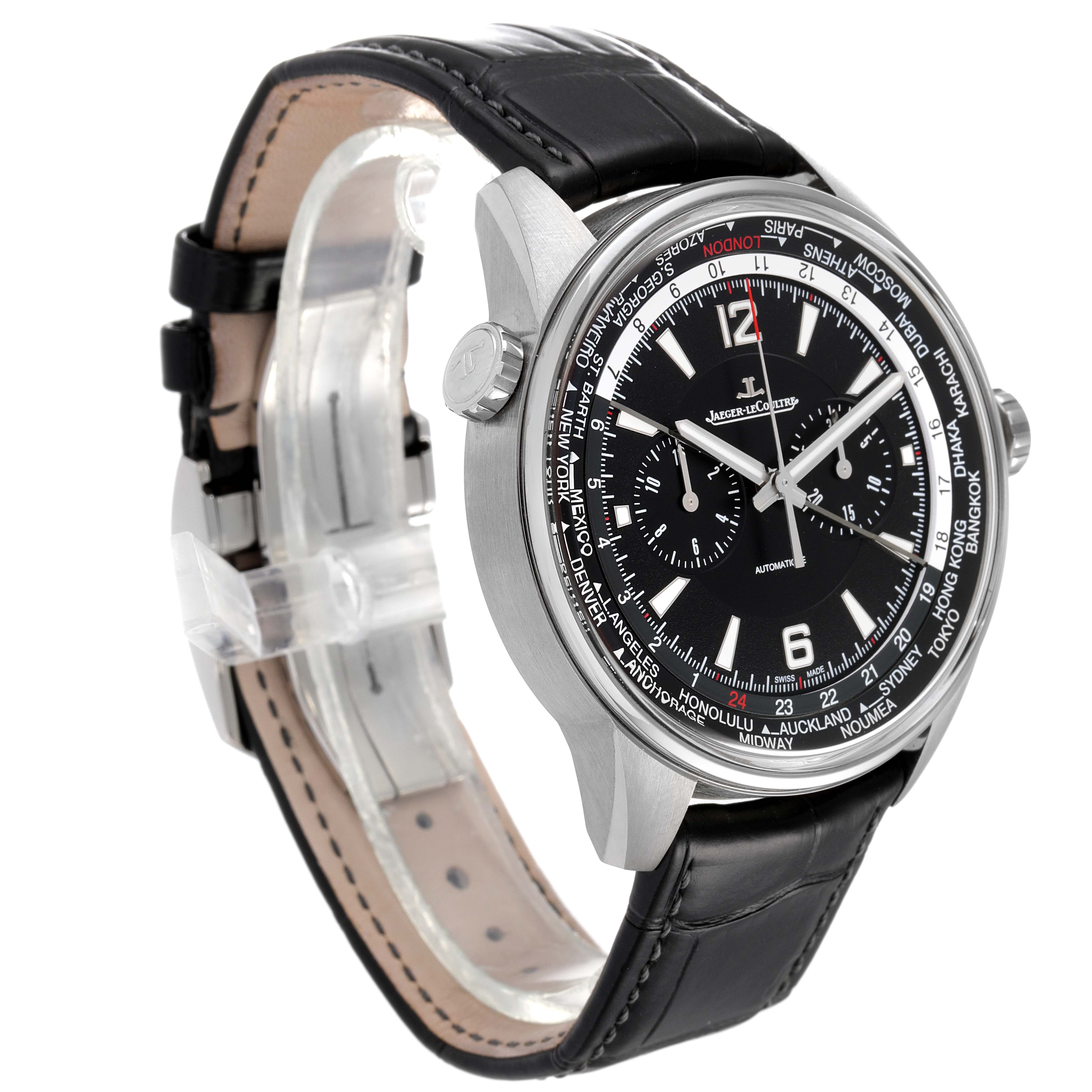 The Jaeger LeCoultre Polaris Q905T470 Men's Titanium Black Dial Q905T470 Men's Titanium Black Dial watch is shown at a three-quarter angle, highlighting the dial, bezel, crown, and leather strap.