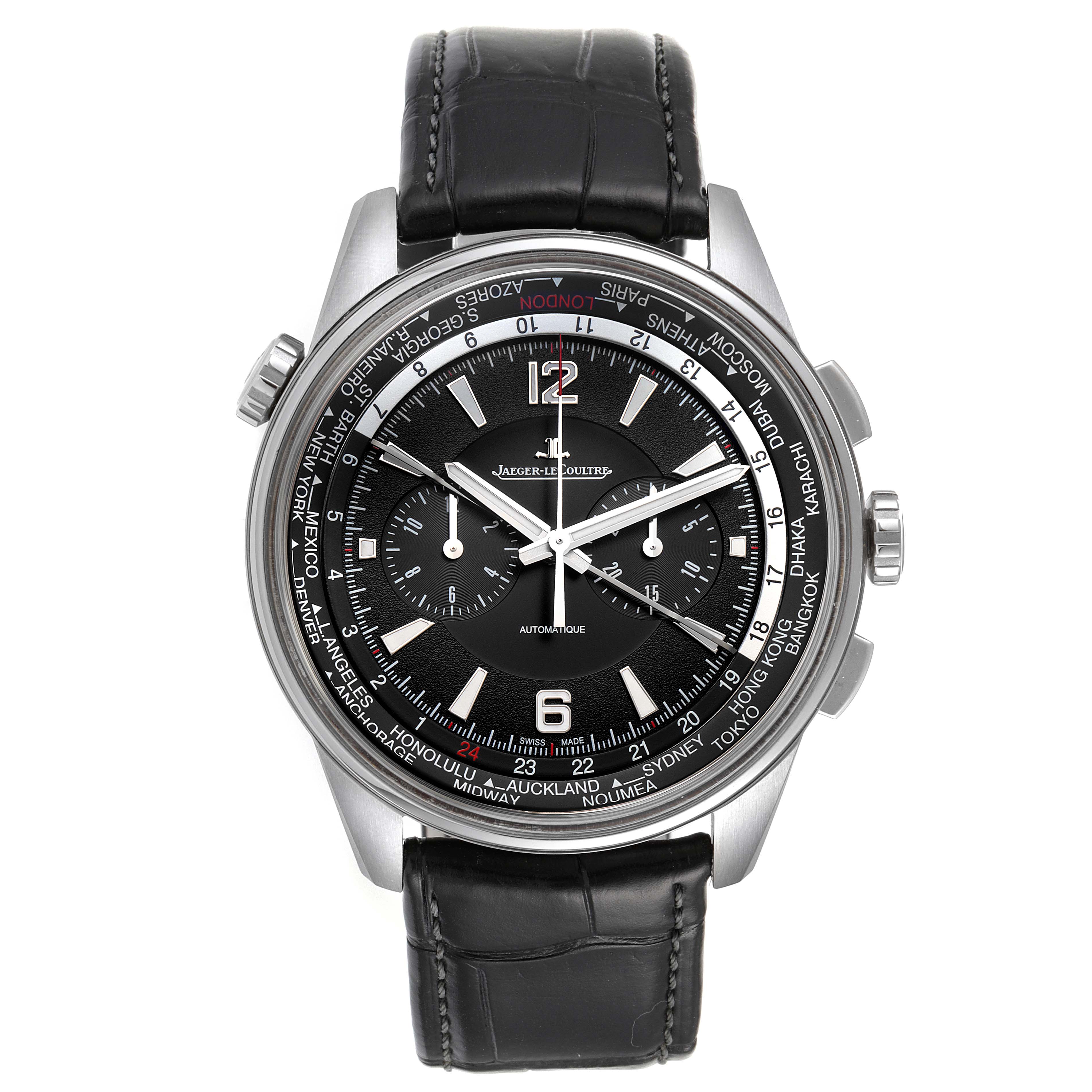 This image shows a front view of the Jaeger LeCoultre Polaris Q905T470 Men's Titanium Black Dial Q905T470 Men's Titanium Black Dial watch, highlighting its dial, bezel, and leather strap.
