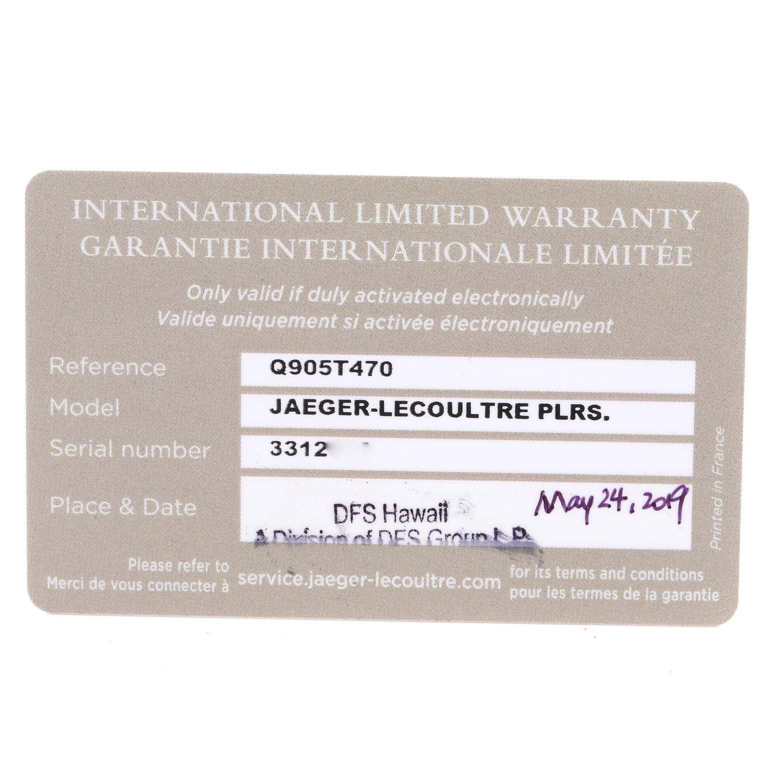 The image shows the warranty card for a Jaeger LeCoultre Polaris Q905T470 Men's Titanium Black Dial Q905T470 Men's Titanium Black Dial watch, displaying reference, model, serial number, and purchase details.