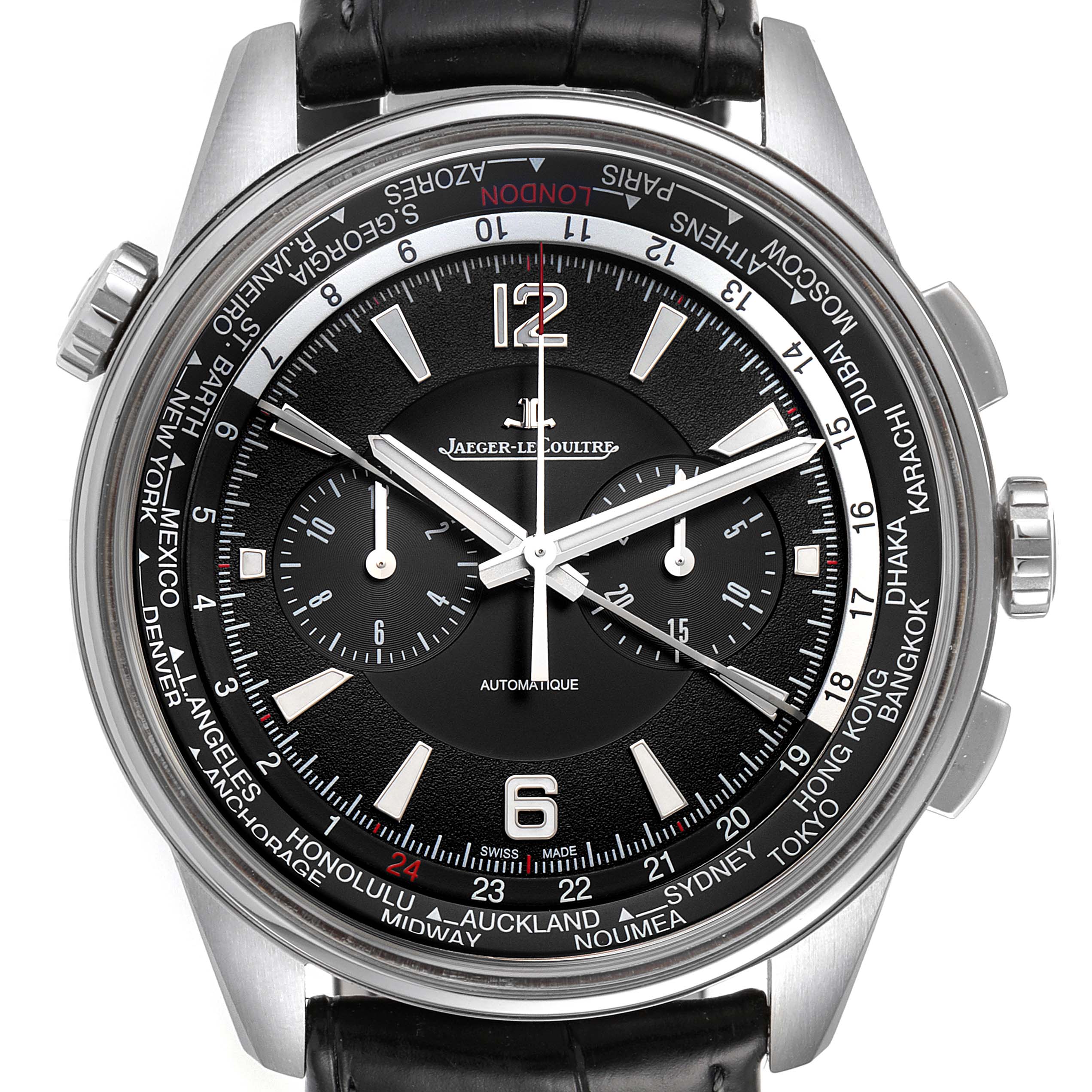 This image shows a frontal view of the Jaeger LeCoultre Polaris Q905T470 Men's Titanium Black Dial Q905T470 Men's Titanium Black Dial watch, highlighting the dial, indices, hands, and world time cities.