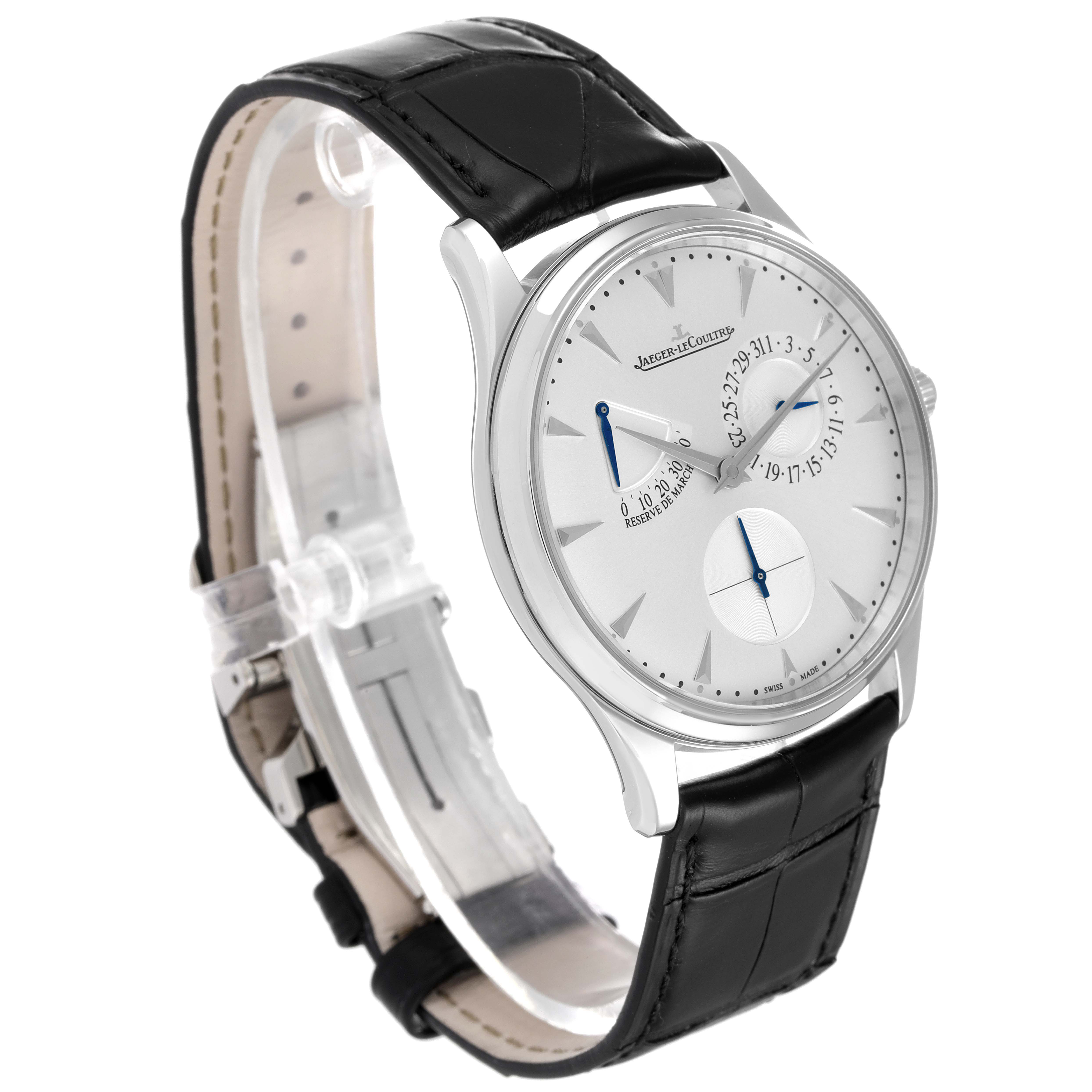 The Jaeger-LeCoultre Master model watch is shown at a three-quarter angle, featuring its dial, black leather strap, and side crown.