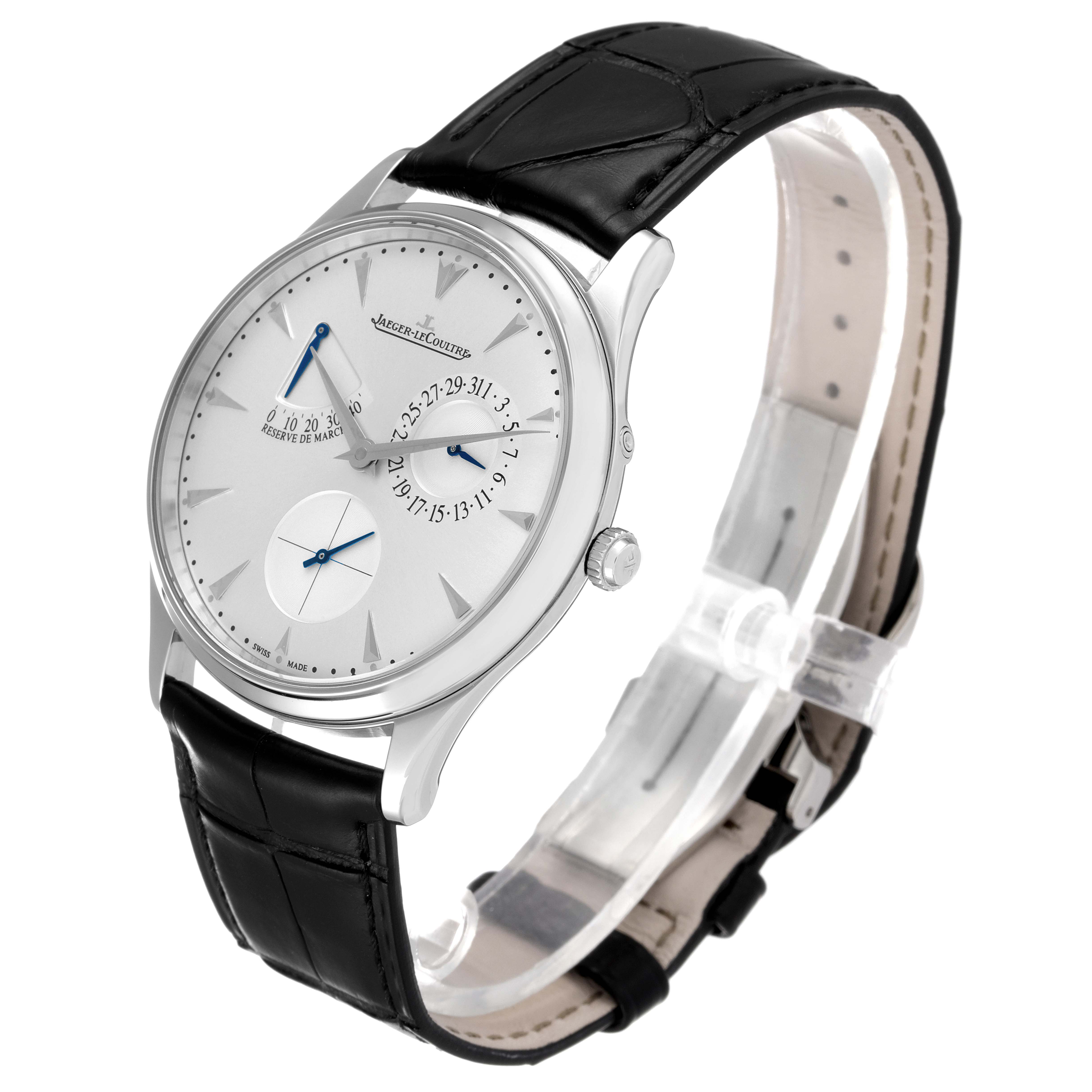 The Jaeger LeCoultre Master Q1378420 Men's Stainless Steel Silver Dial Q1378420 Men's Stainless Steel Silver Dial watch is shown at a front-left angle, highlighting the dial and black leather strap.