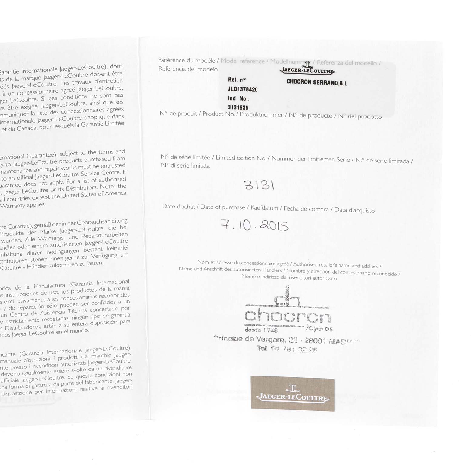The image shows documentation for a Jaeger-LeCoultre Master model watch, including reference numbers and the purchase date.