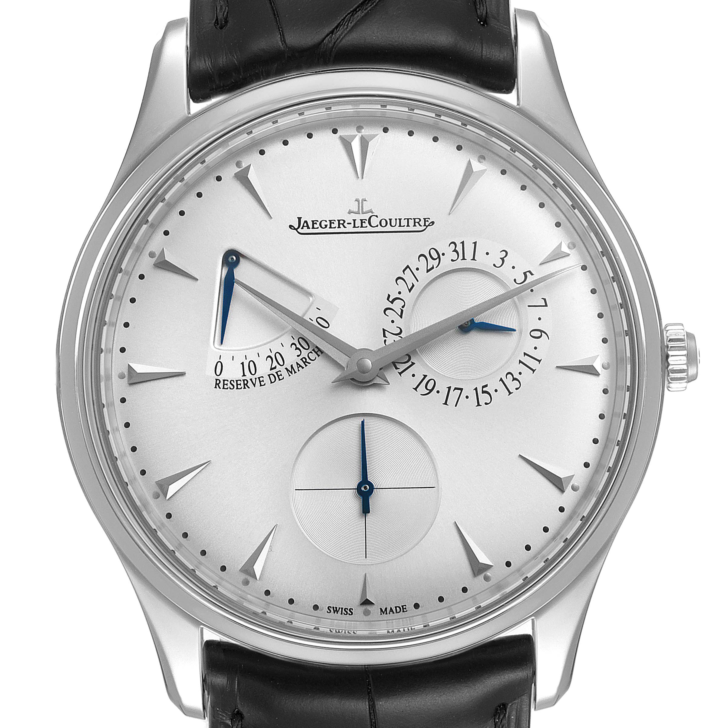 This is a front view of the Jaeger-LeCoultre Master model, showcasing the dial, hands, subdials, and leather strap.