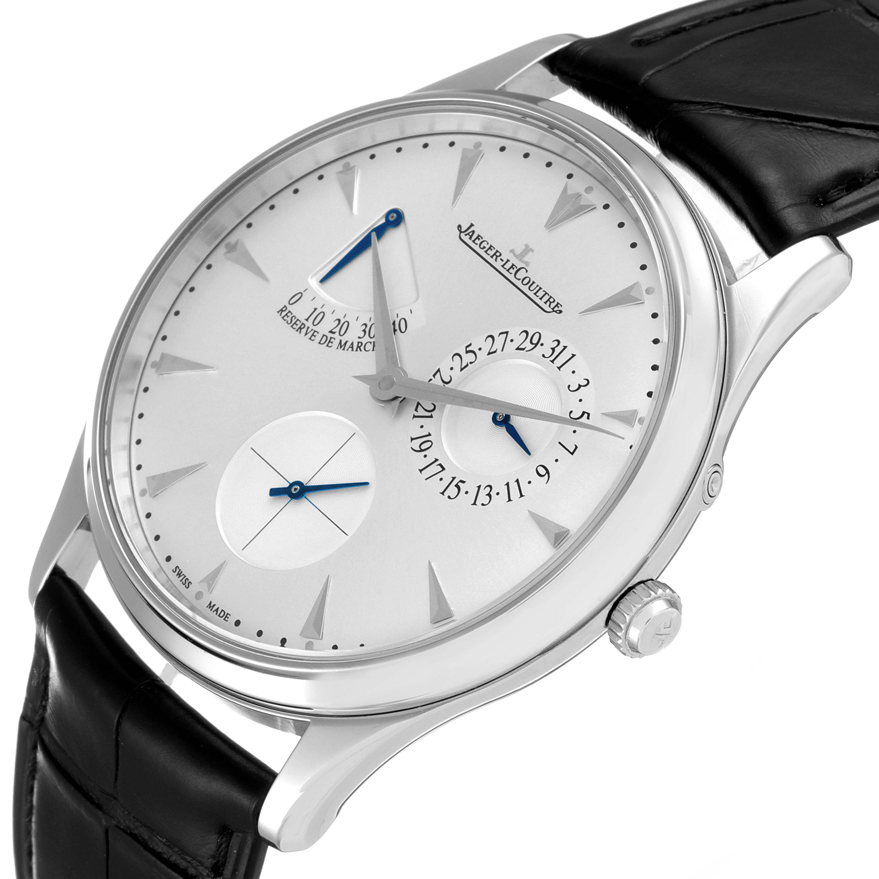 The Jaeger LeCoultre Master Q1378420 Men's Stainless Steel Silver Dial Q1378420 Men's Stainless Steel Silver Dial model watch is shown at a slight angle, highlighting its dial, crown, and leather strap.