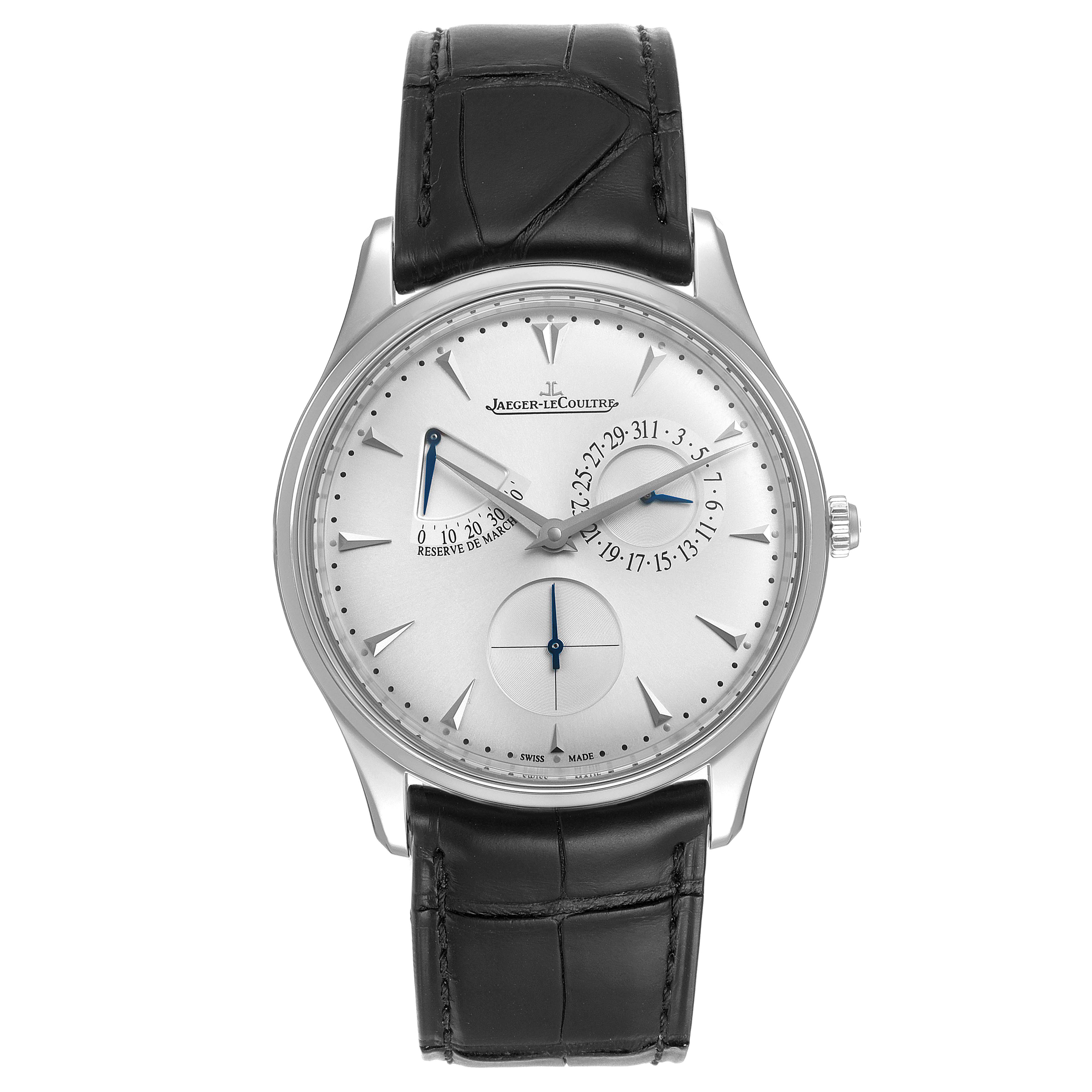 The image shows a front view of the Jaeger-LeCoultre Master model watch, displaying the dial, hands, date subdial, and leather strap.