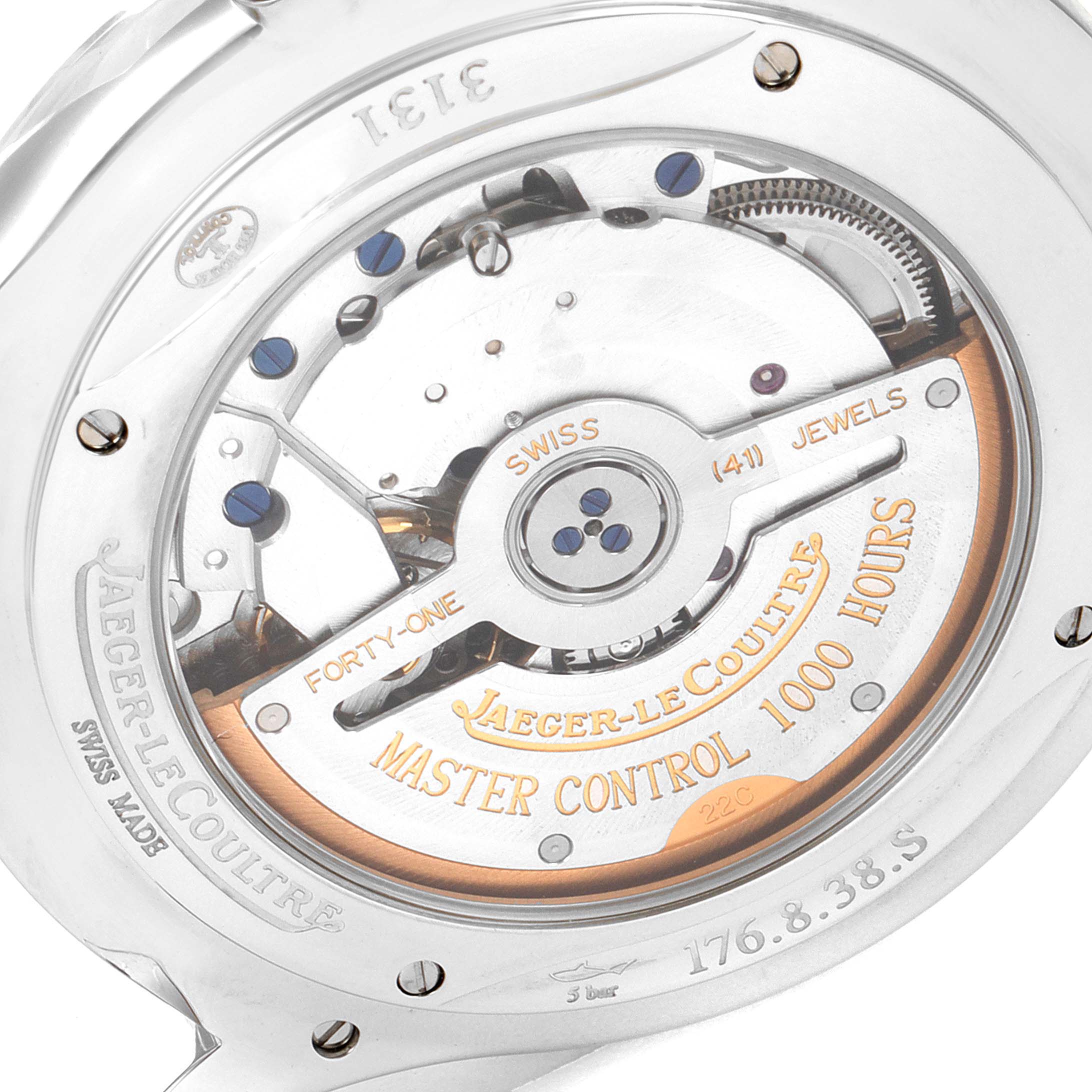 The image shows the back view of a Jaeger-LeCoultre Master model watch, highlighting its movement and "Master Control 1000 Hours" inscription.