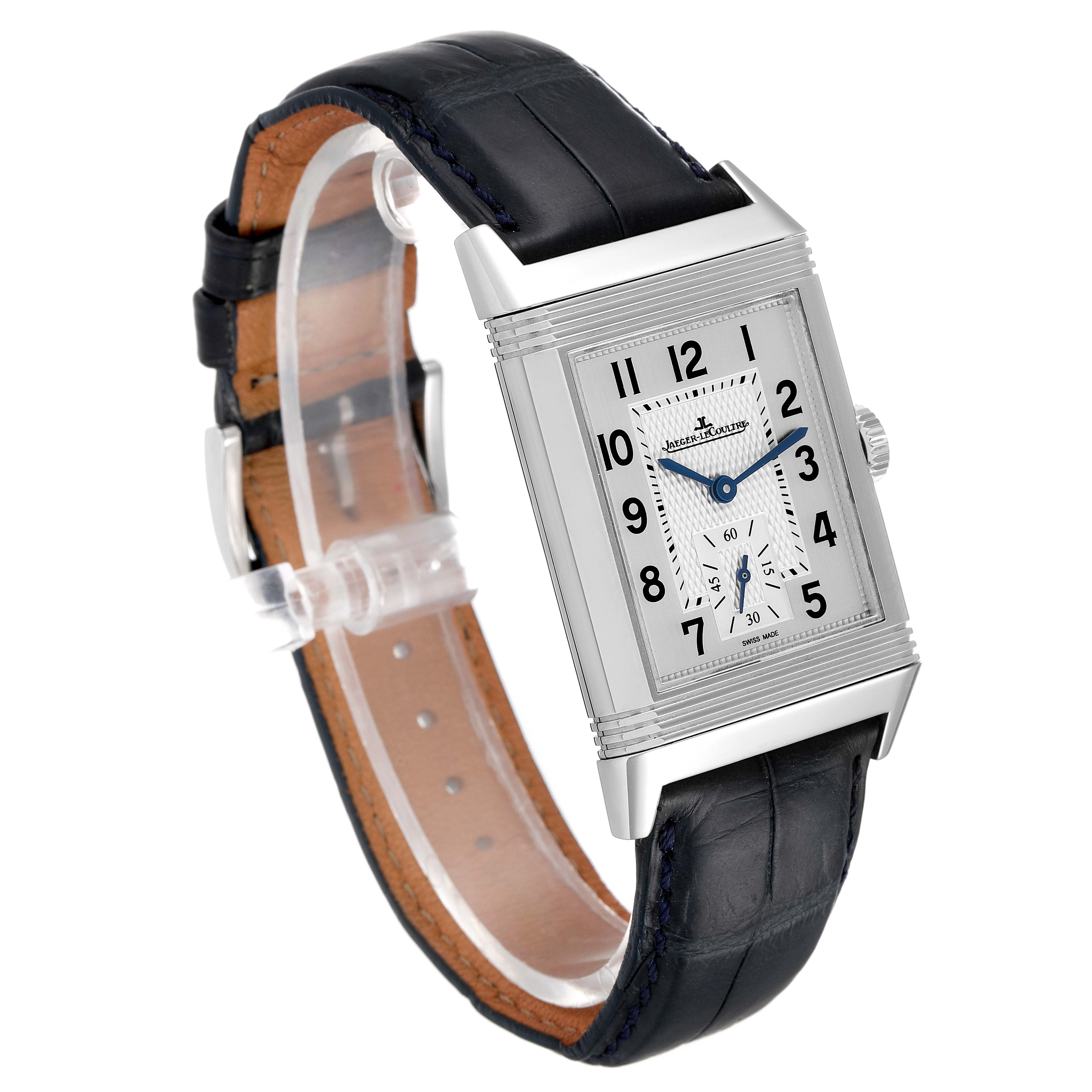 The image shows a Jaeger-LeCoultre Reverso watch from an angled, slightly elevated front-right view, displaying the face, dial, and strap.