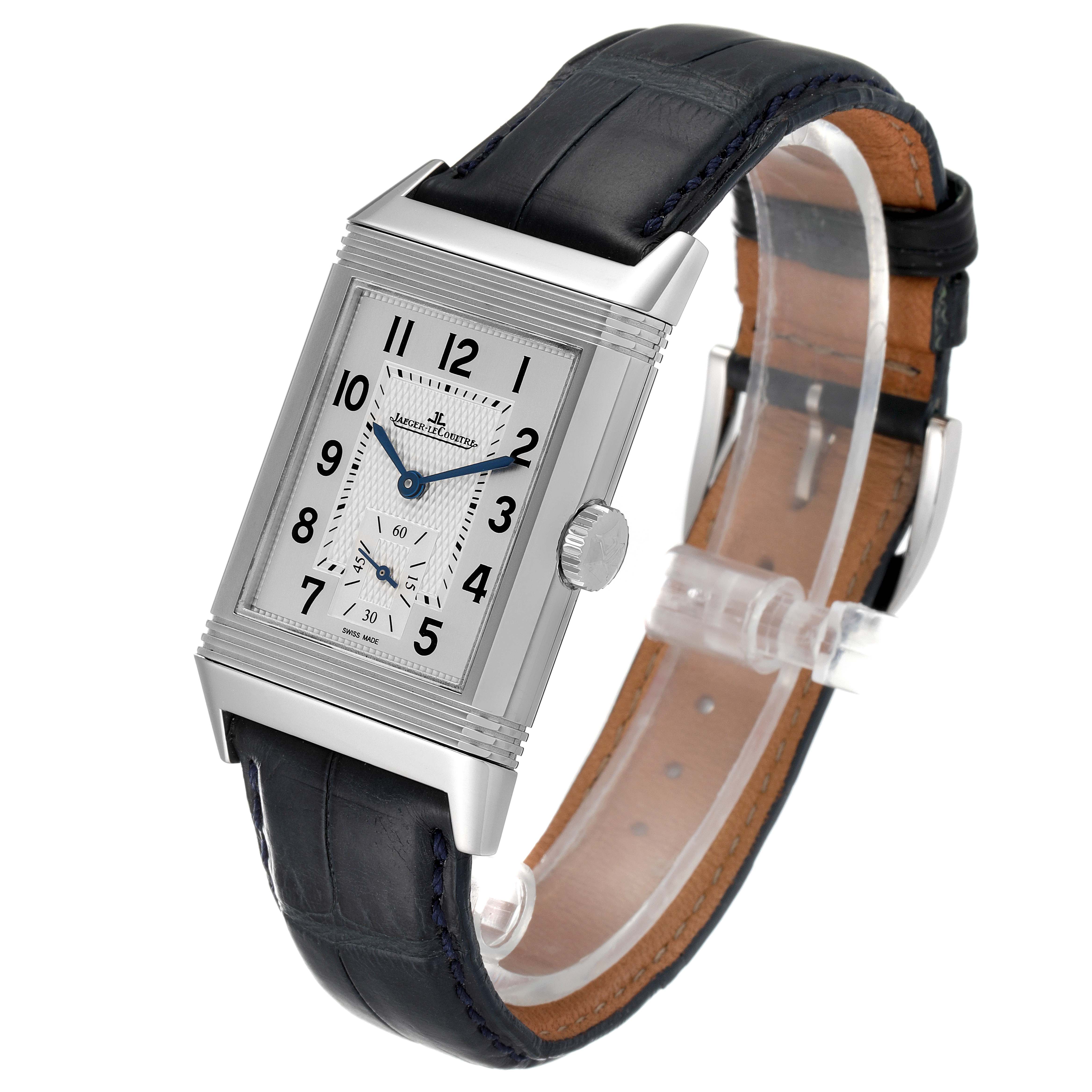 The image shows a Jaeger-LeCoultre Reverso model watch from a slightly angled front view, highlighting its rectangular dial and black leather strap.