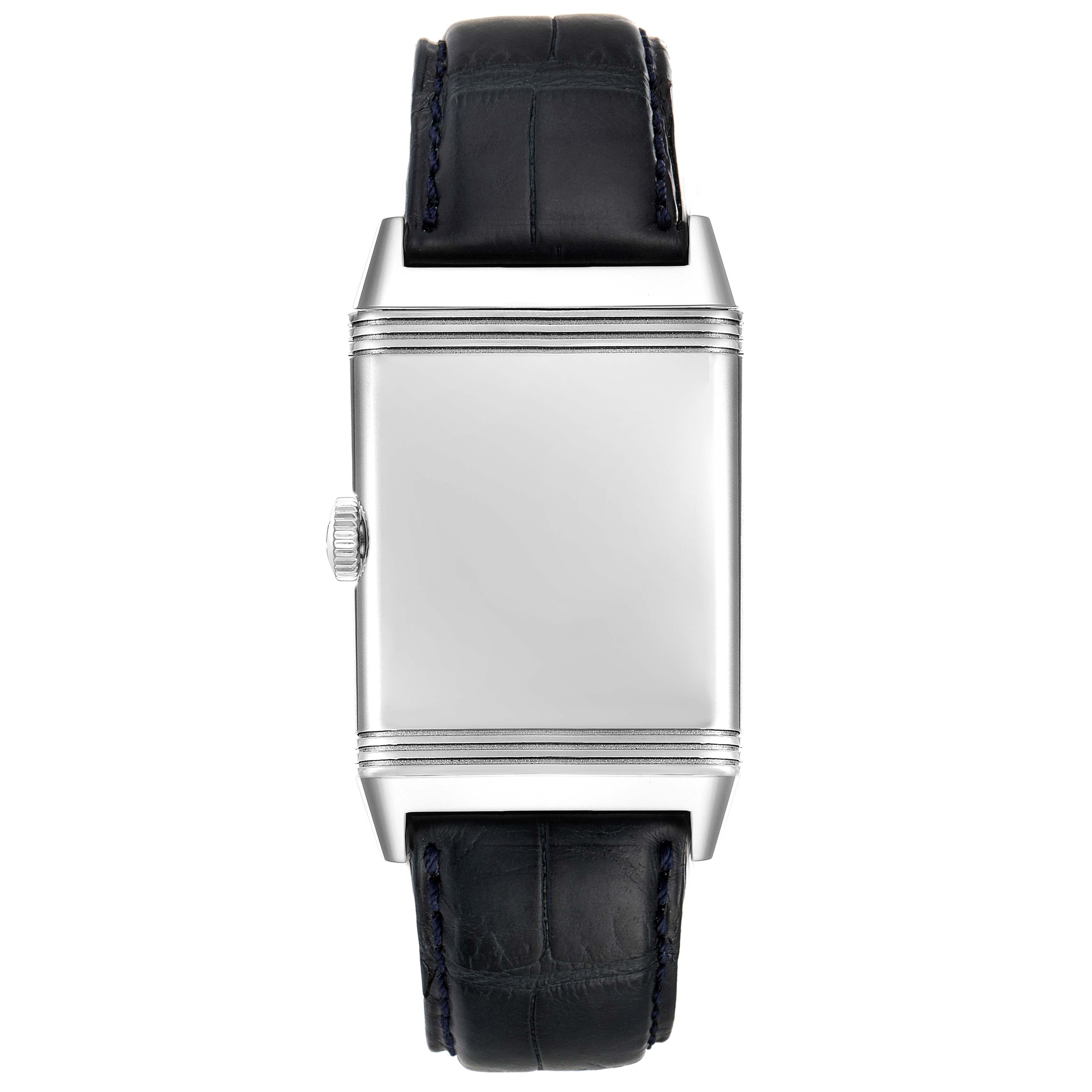 This image shows a front view of the Jaeger LeCoultre Reverso Q3858520 Men
s Stainless Steel Silver Dial Q3858520 Men
s Stainless Steel Silver Dial watch with a leather strap and its crown visible on the left side.