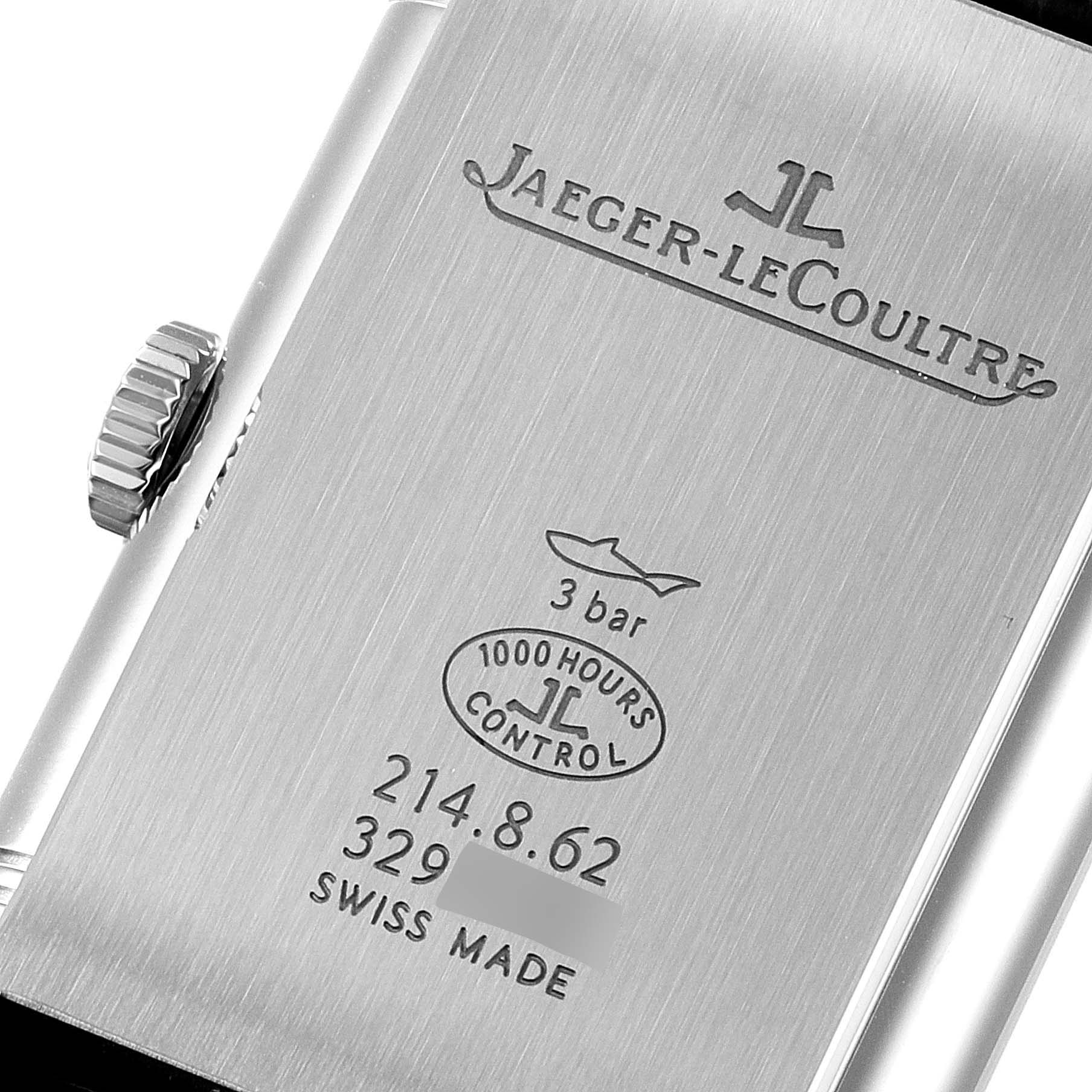 The image shows the case back and crown of the Jaeger LeCoultre Reverso Q3858520 Men
s Stainless Steel Silver Dial Q3858520 Men
s Stainless Steel Silver Dial watch.