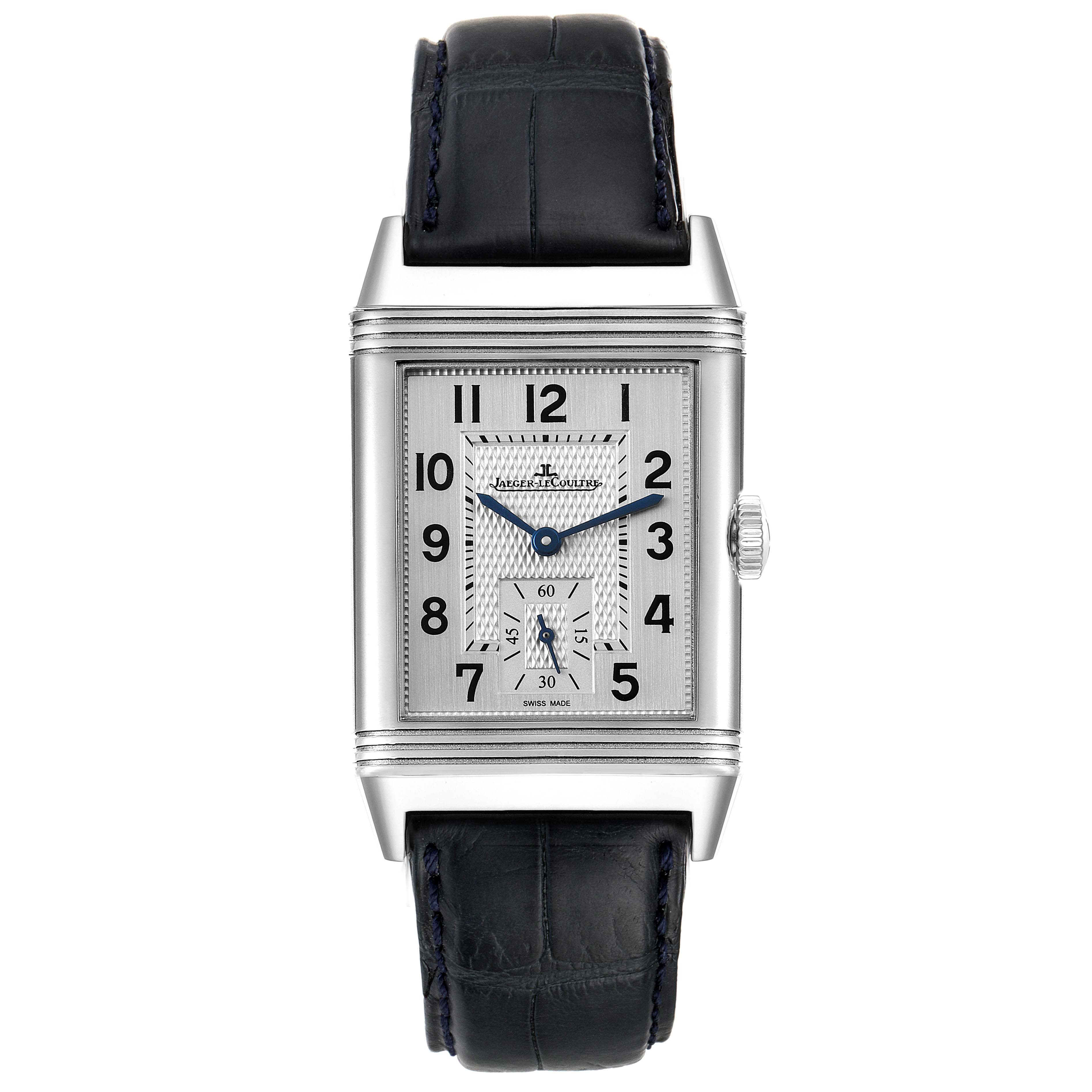 The Jaeger LeCoultre Reverso Q3858520 Men
s Stainless Steel Silver Dial Q3858520 Men
s Stainless Steel Silver Dial watch is shown from the front, displaying the face, hands, case, and strap.