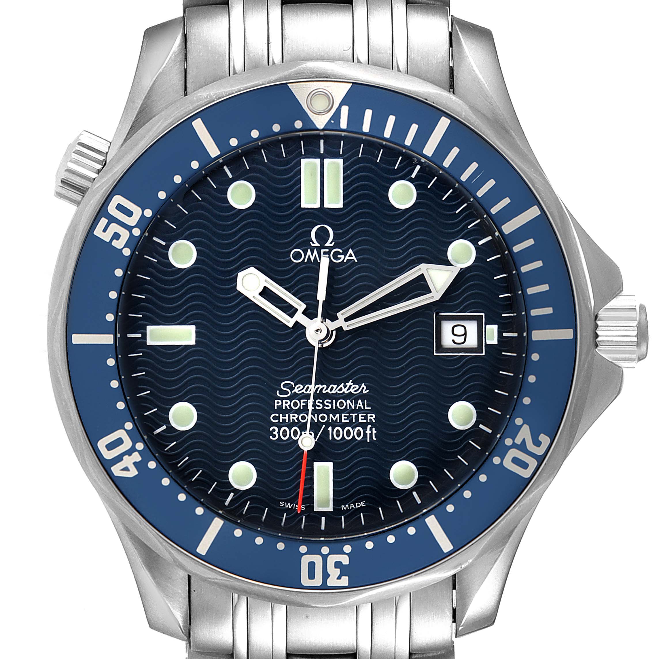 This image shows a front view of an Omega Seamaster 2531.80.00 Men's Stainless Steel Blue Dial 2531.80.00 Men's Stainless Steel Blue Dial watch, highlighting its face, dial, markers, hands, and part of the bracelet.