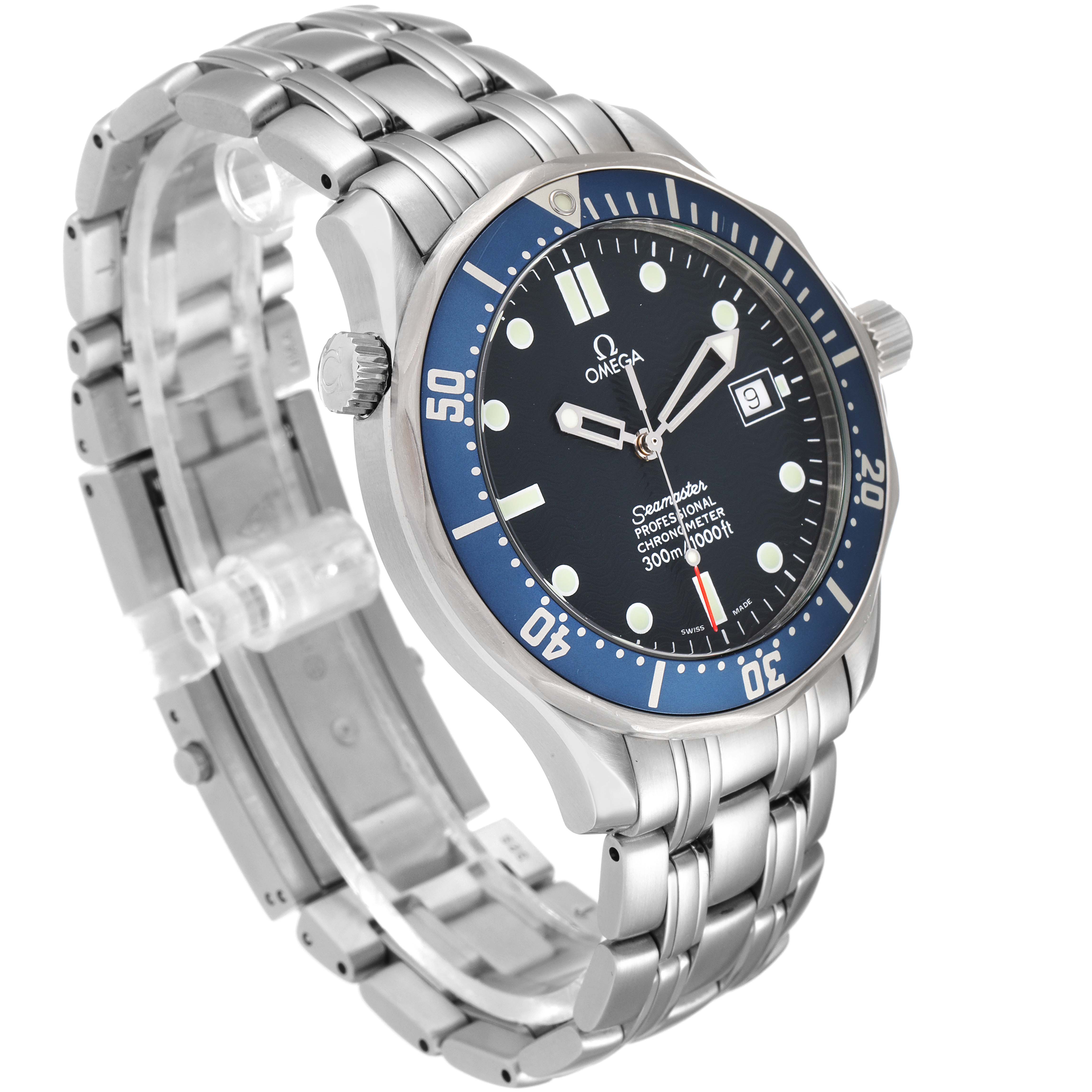 The image shows an Omega Seamaster 2531.80.00 Men's Stainless Steel Blue Dial 2531.80.00 Men's Stainless Steel Blue Dial watch from an angled side view, displaying its face, bezel, crown, and bracelet.
