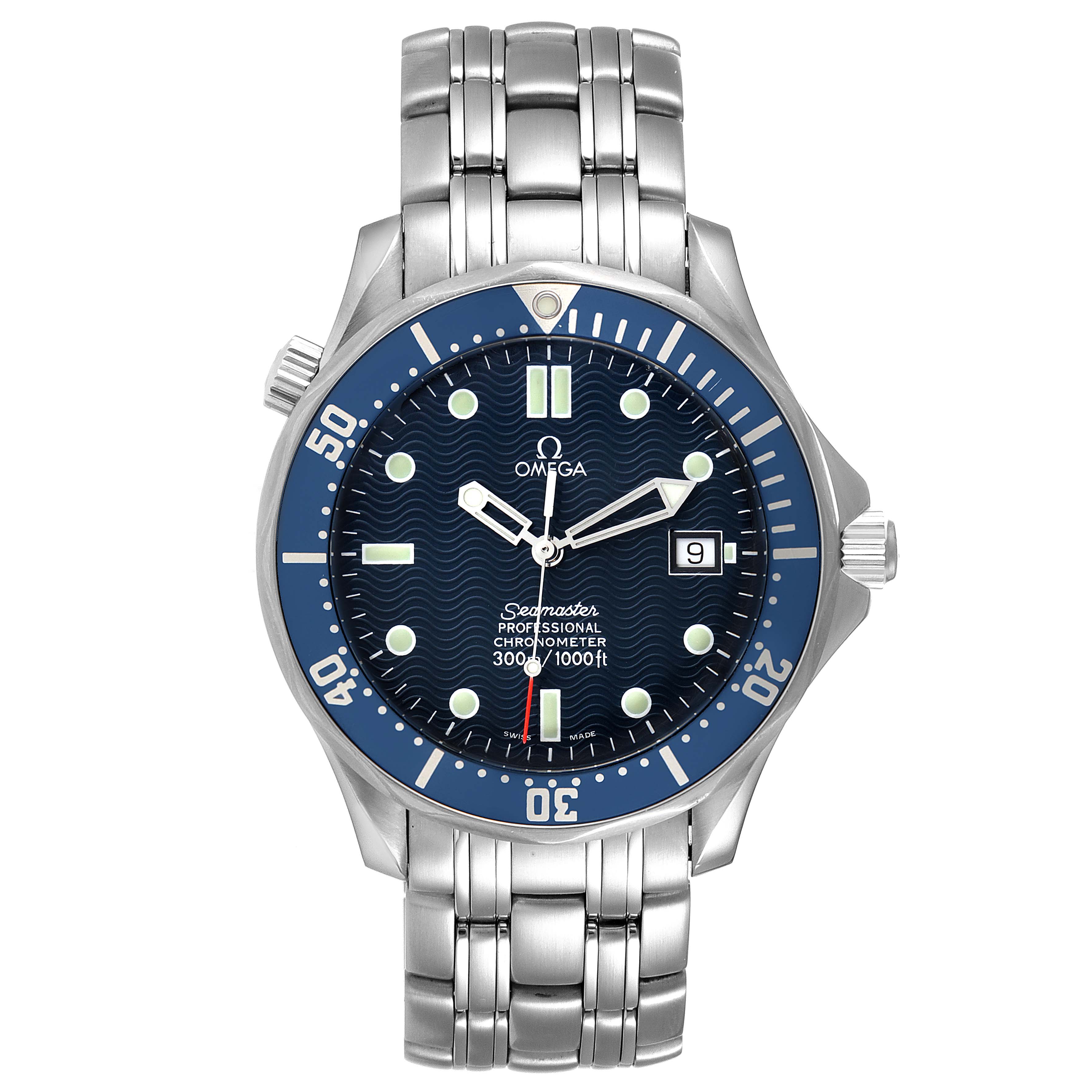 The image shows a front view of the Omega Seamaster 2531.80.00 Men's Stainless Steel Blue Dial 2531.80.00 Men's Stainless Steel Blue Dial watch, highlighting the dial, bezel, bracelet, and crown.