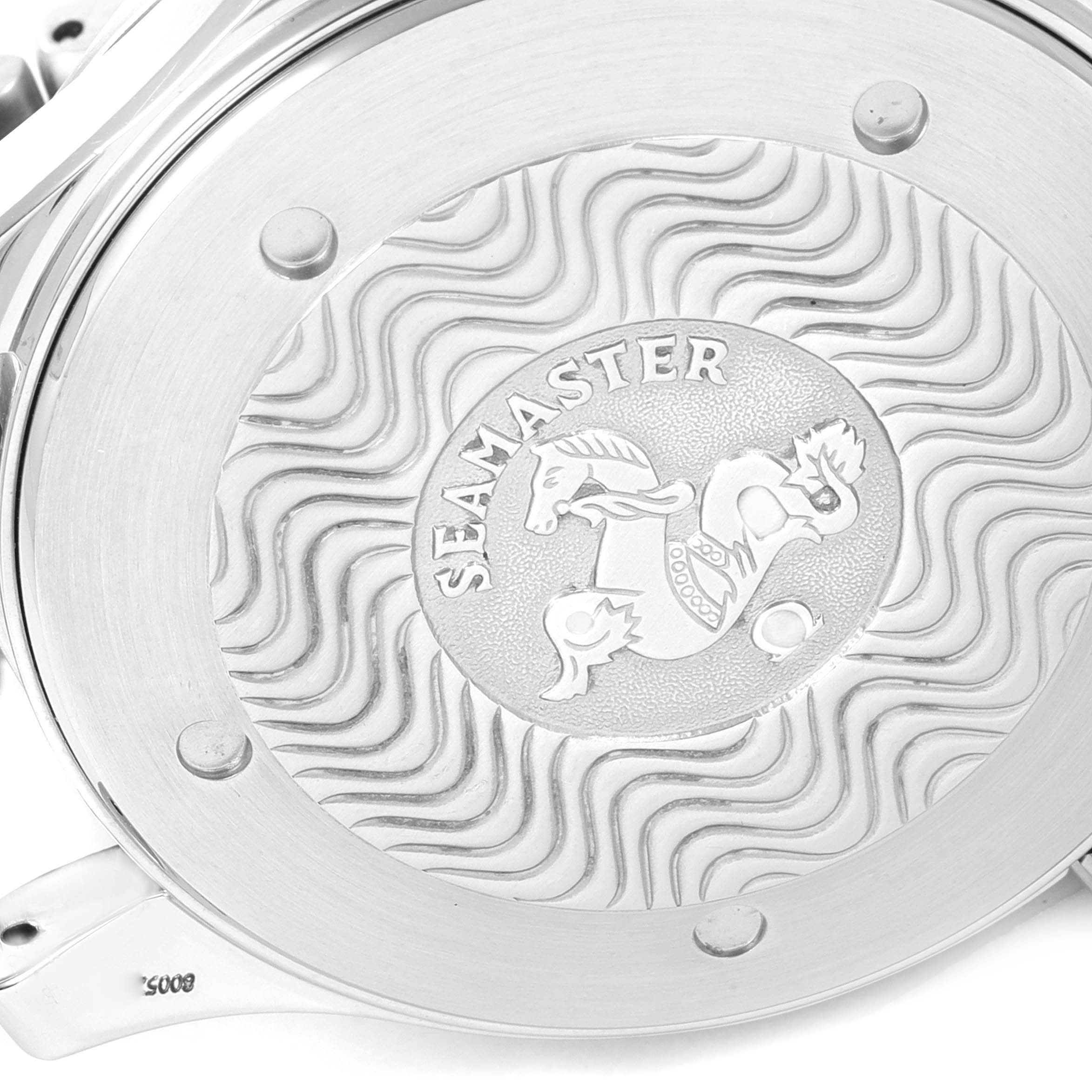 The image shows the case back of an Omega Seamaster 2531.80.00 Men's Stainless Steel Blue Dial 2531.80.00 Men's Stainless Steel Blue Dial watch with its emblem and branding engraved.